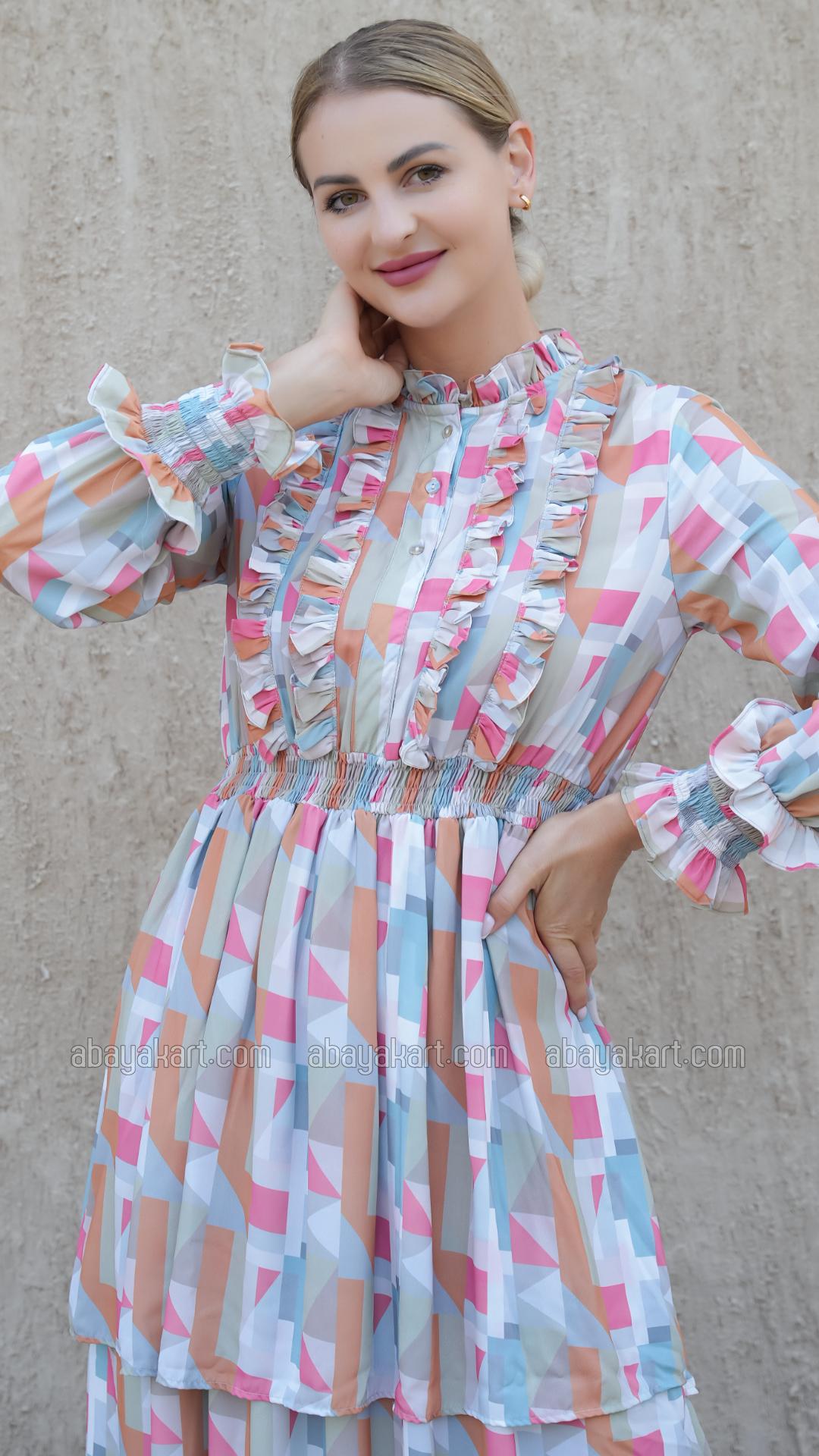 Wholesale Elegant Layered Modest Dress with Mosaic Print