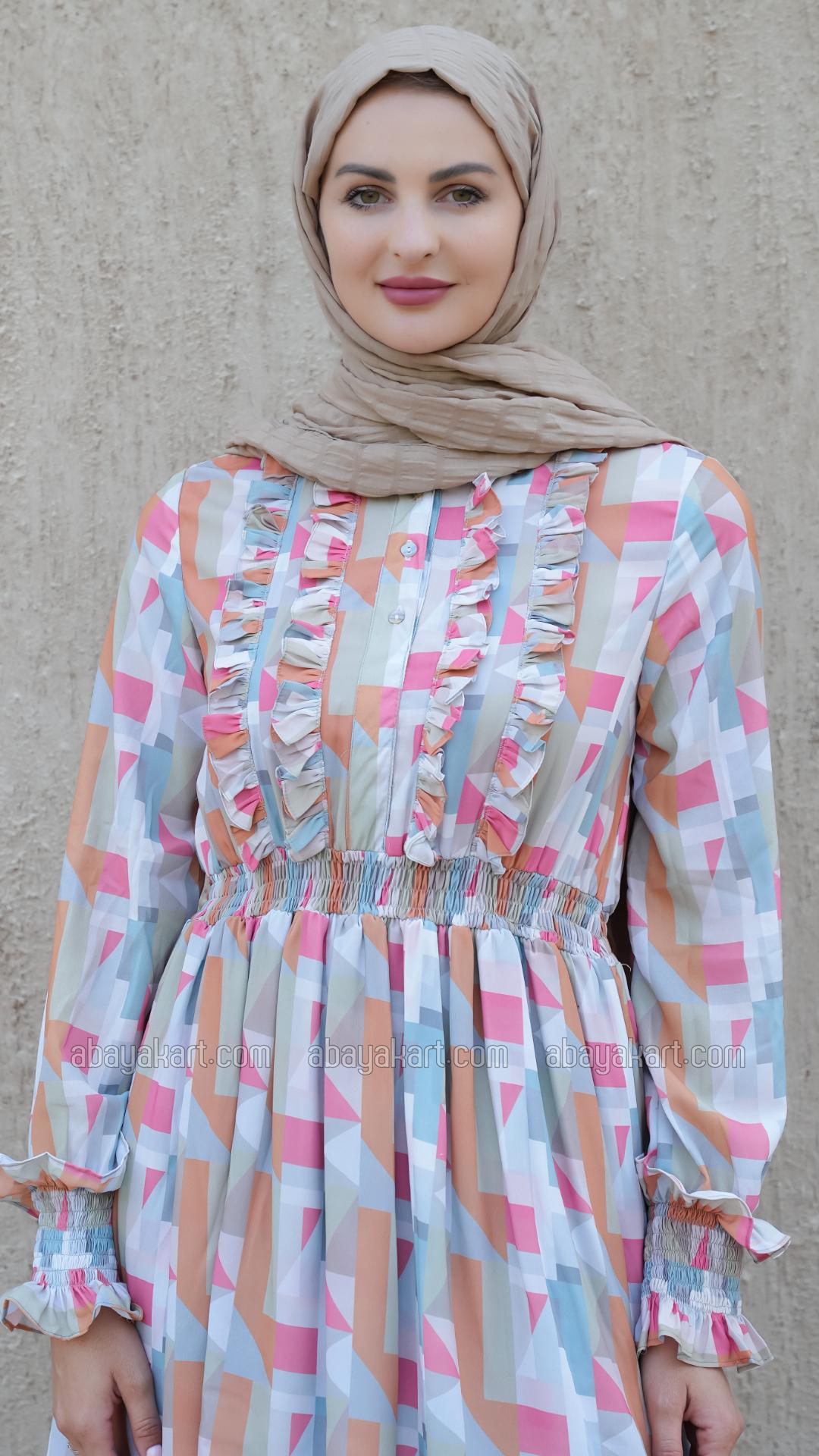 Wholesale Elegant Layered Modest Dress with Mosaic Print