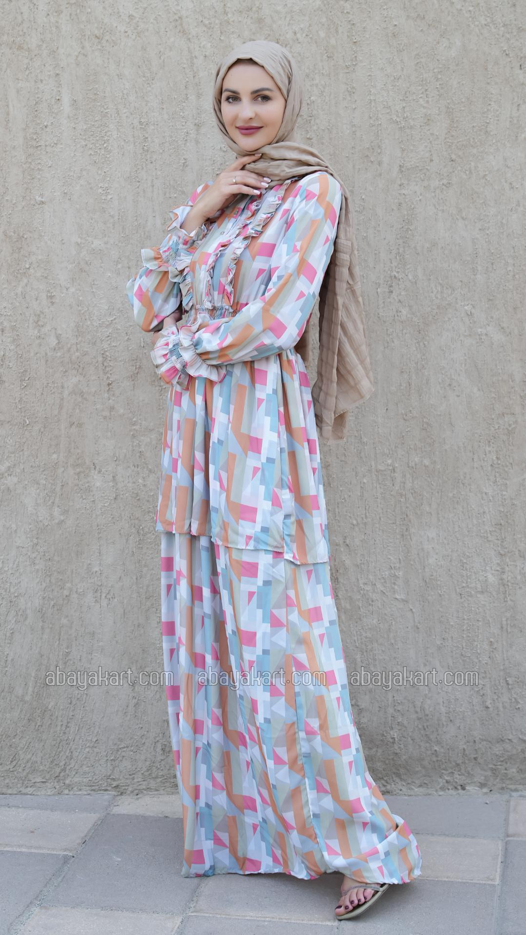 Wholesale Elegant Layered Modest Dress with Mosaic Print