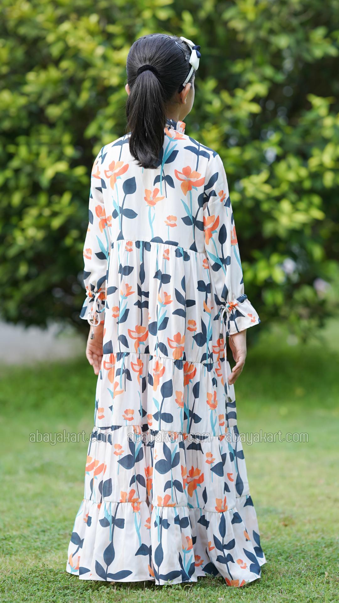 Wholesale Kids Floral Printed Modest Dress In Offwhite