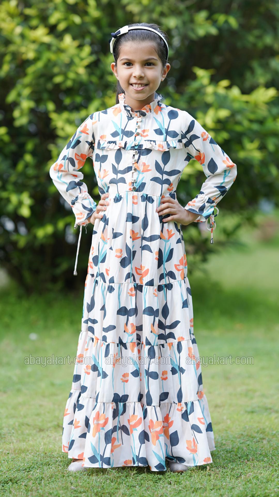 Wholesale Kids Floral Printed Modest Dress In Offwhite