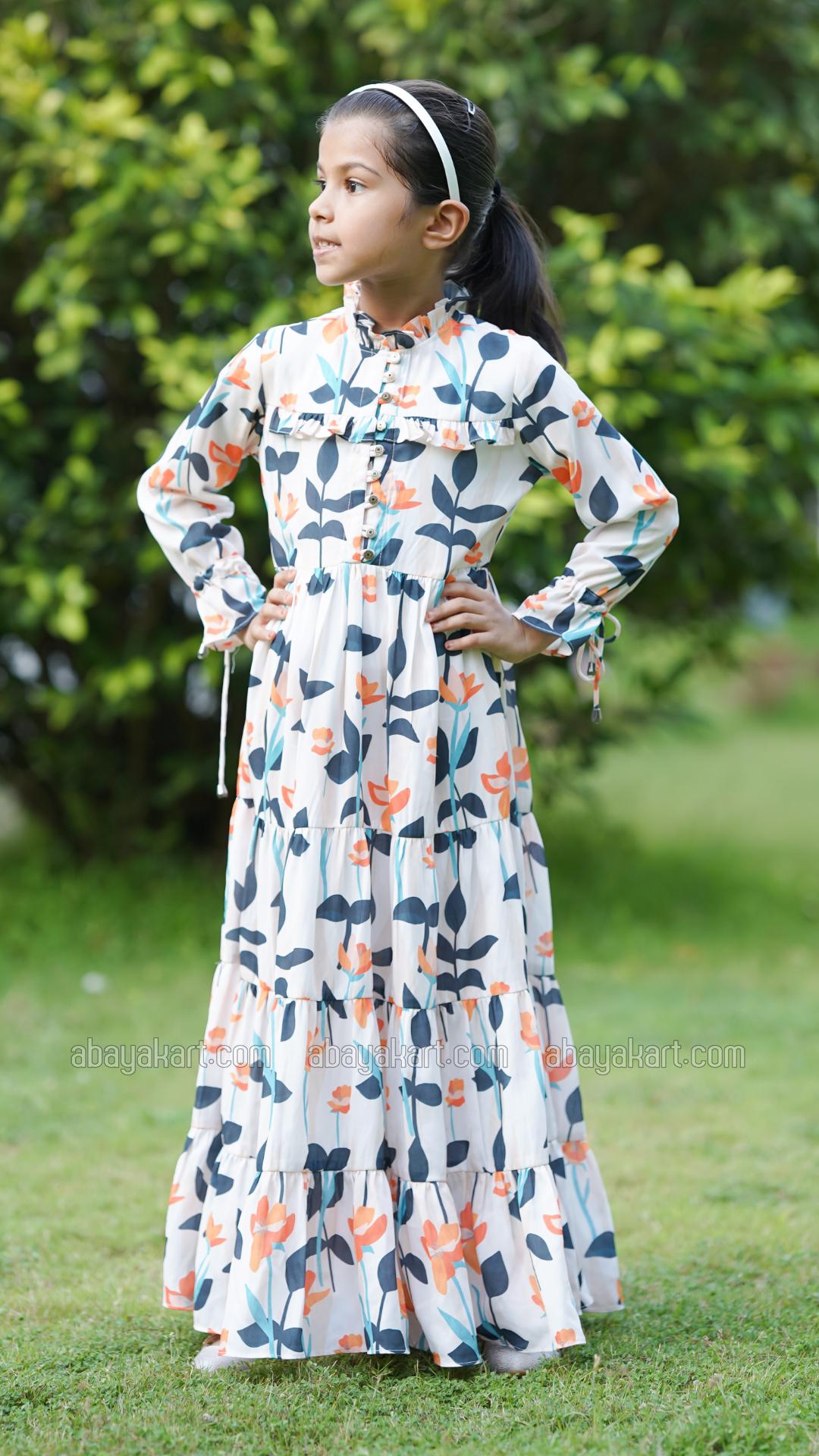 Wholesale Kids Floral Printed Modest Dress In Offwhite