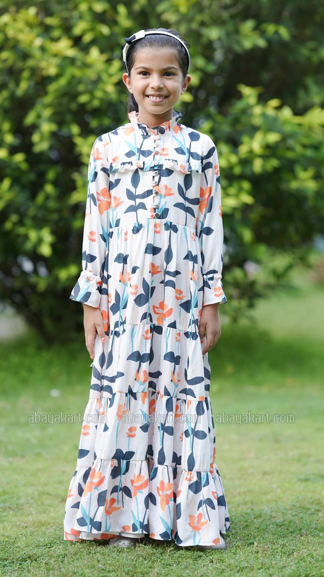 Wholesale Kids Floral Printed Modest Dress In Offwhite