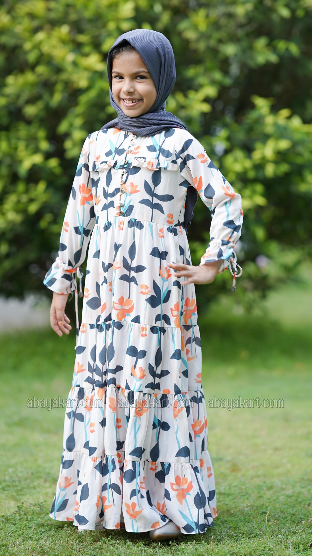 Wholesale Kids Floral Printed Modest Dress In Offwhite