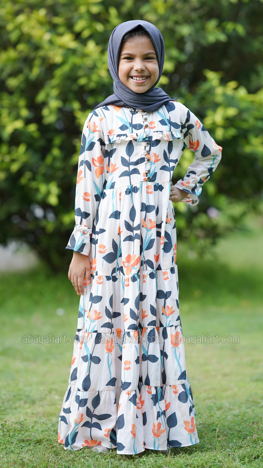 Wholesale Kids Floral Printed Modest Dress In Offwhite