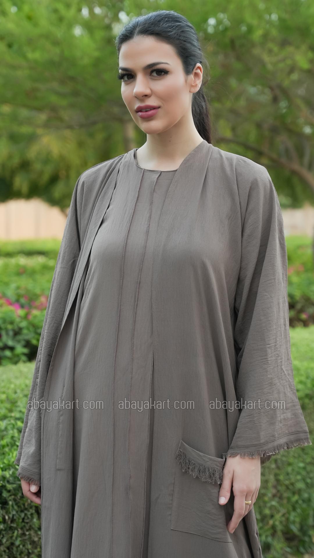 Wholesale Modest Dress with Weaving Yarn Work on the Front and Pocket in Brown