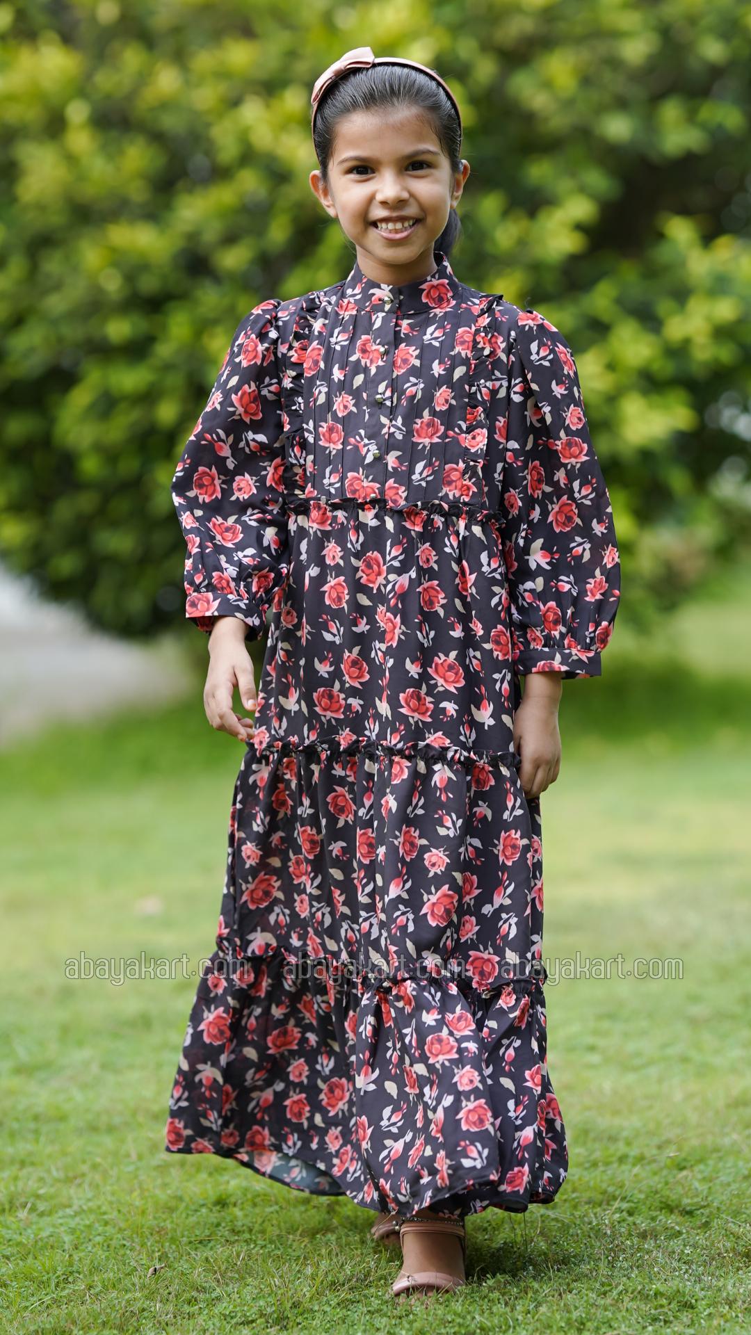 Wholesale Kids Calico Printed Modest Dress in Black