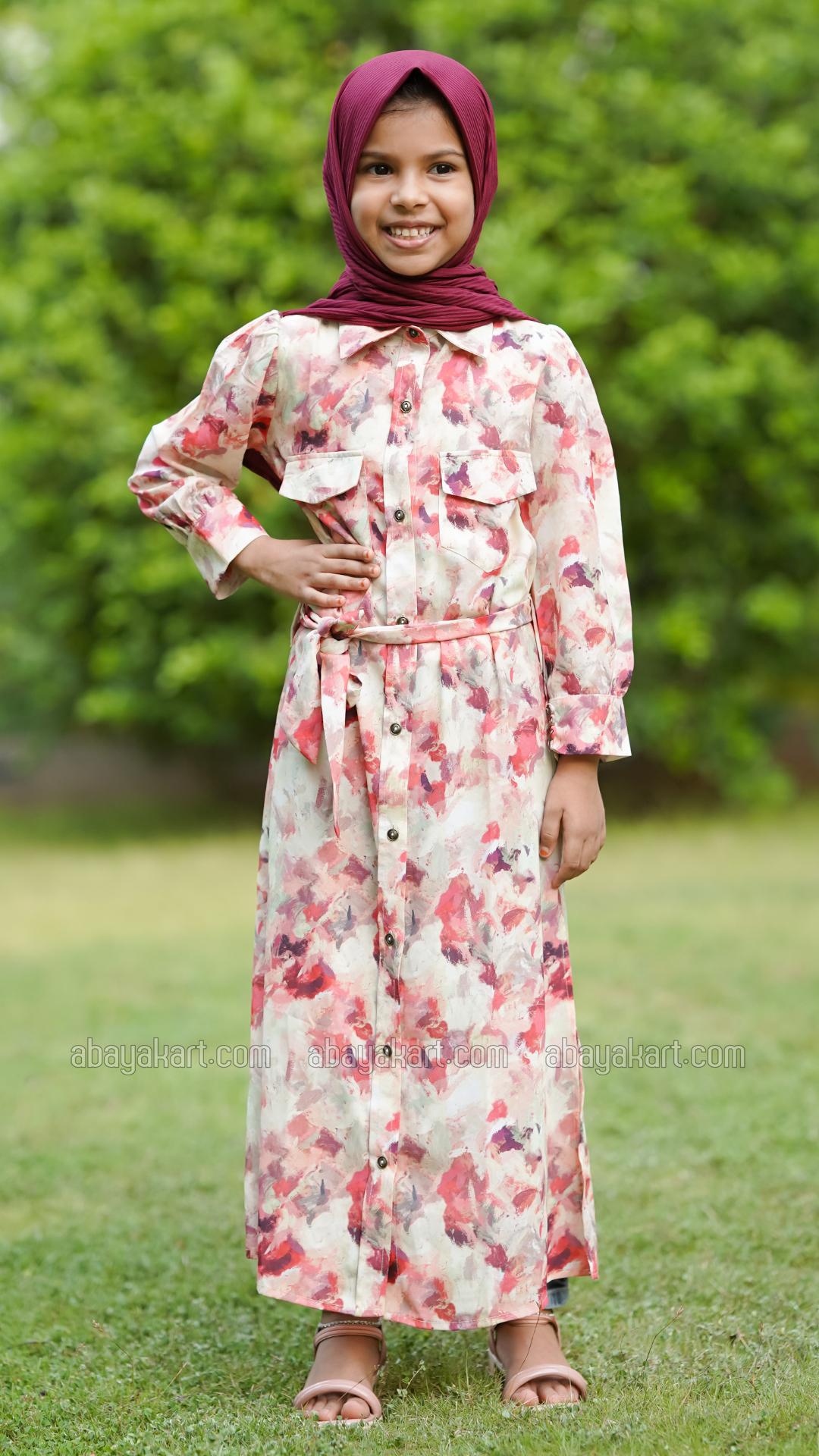 Wholesale Kids Front Open Modest Dress With Two Side Pockets