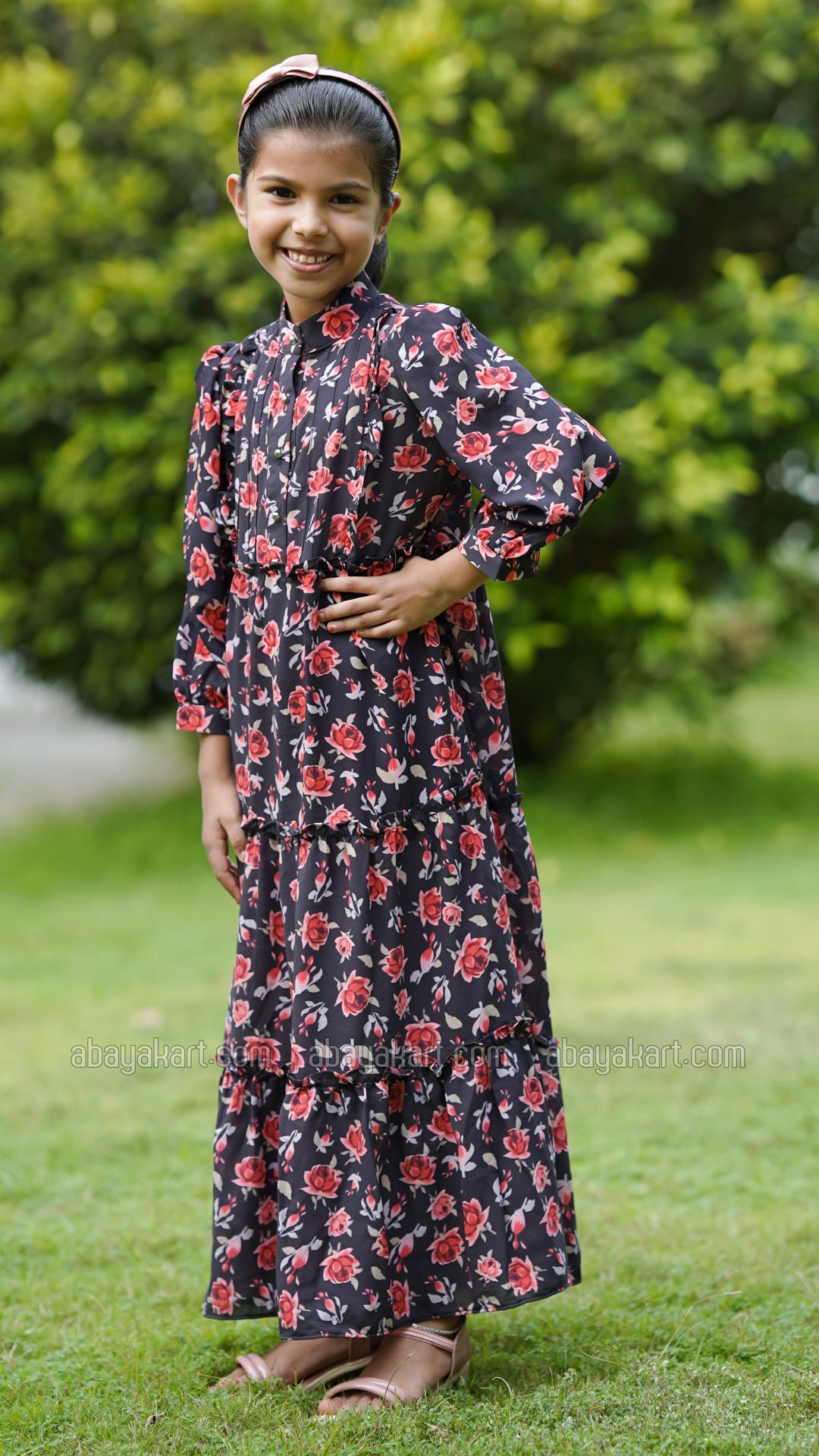 Wholesale Kids Calico Printed Modest Dress in Black