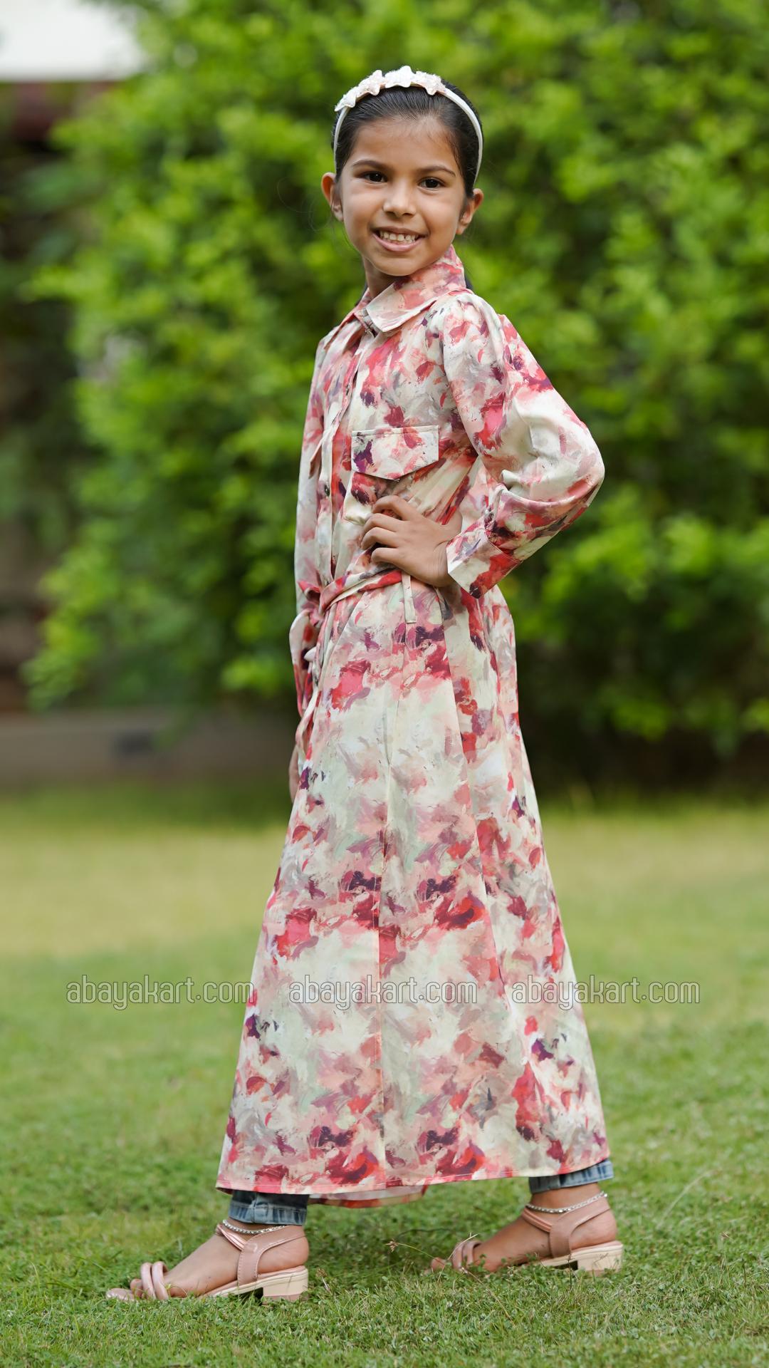 Wholesale Kids Front Open Modest Dress With Two Side Pockets