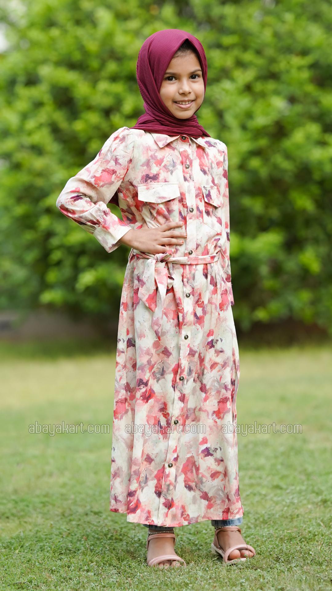 Wholesale Kids Front Open Modest Dress With Two Side Pockets
