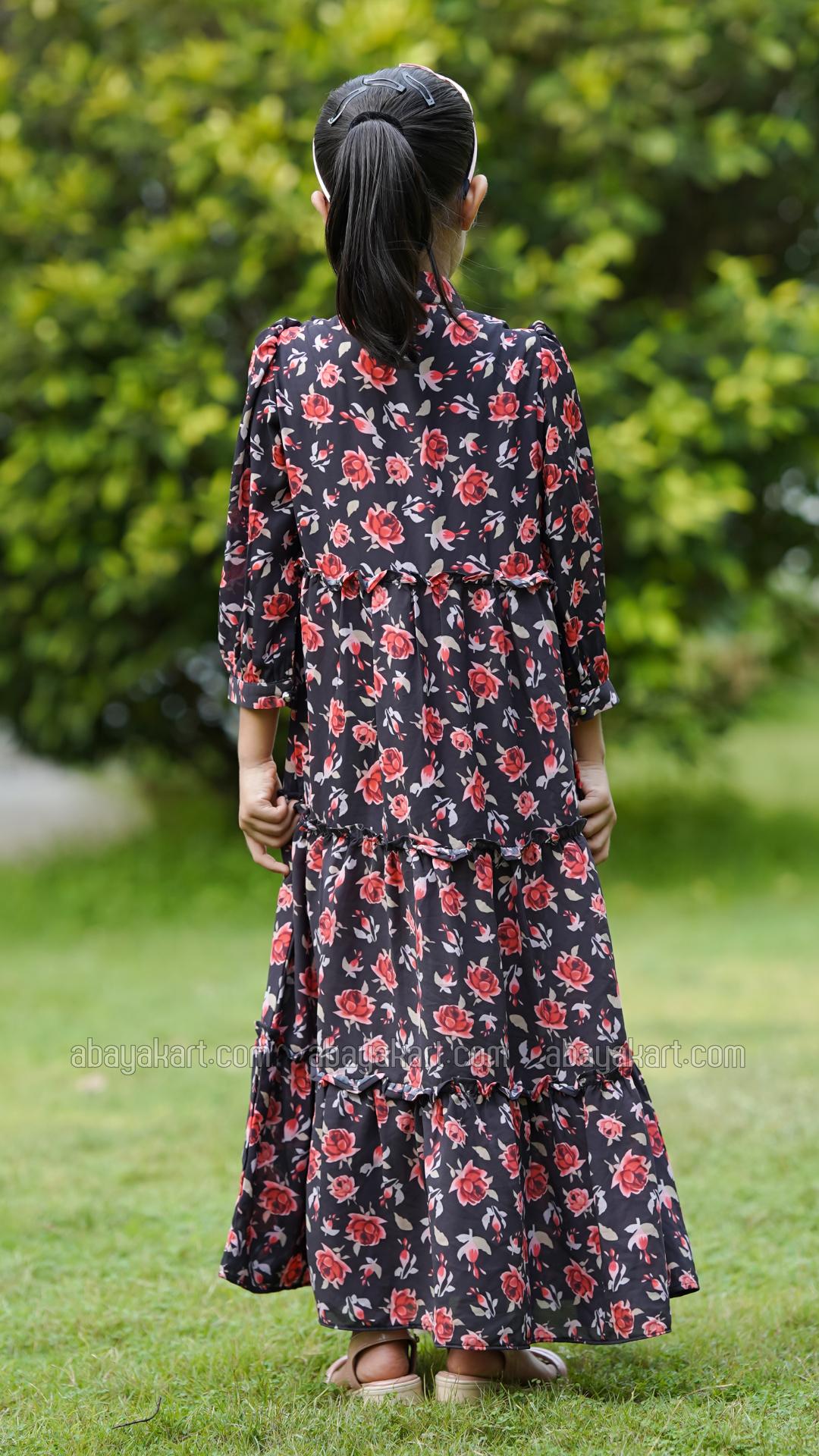 Wholesale Kids Calico Printed Modest Dress in Black