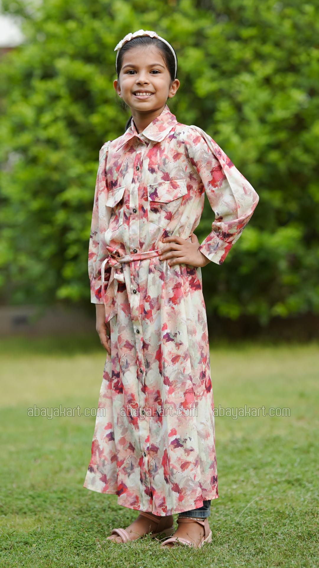Wholesale Kids Front Open Modest Dress With Two Side Pockets