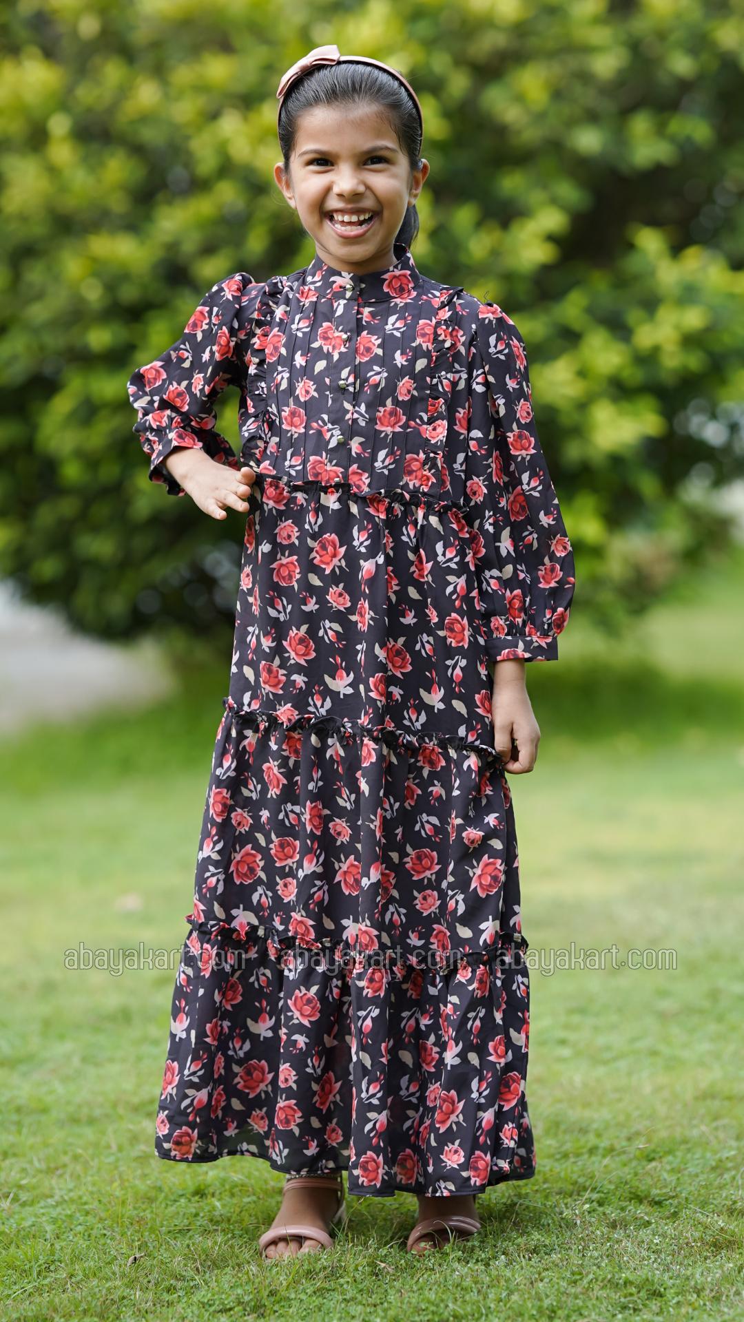 Wholesale Kids Calico Printed Modest Dress in Black