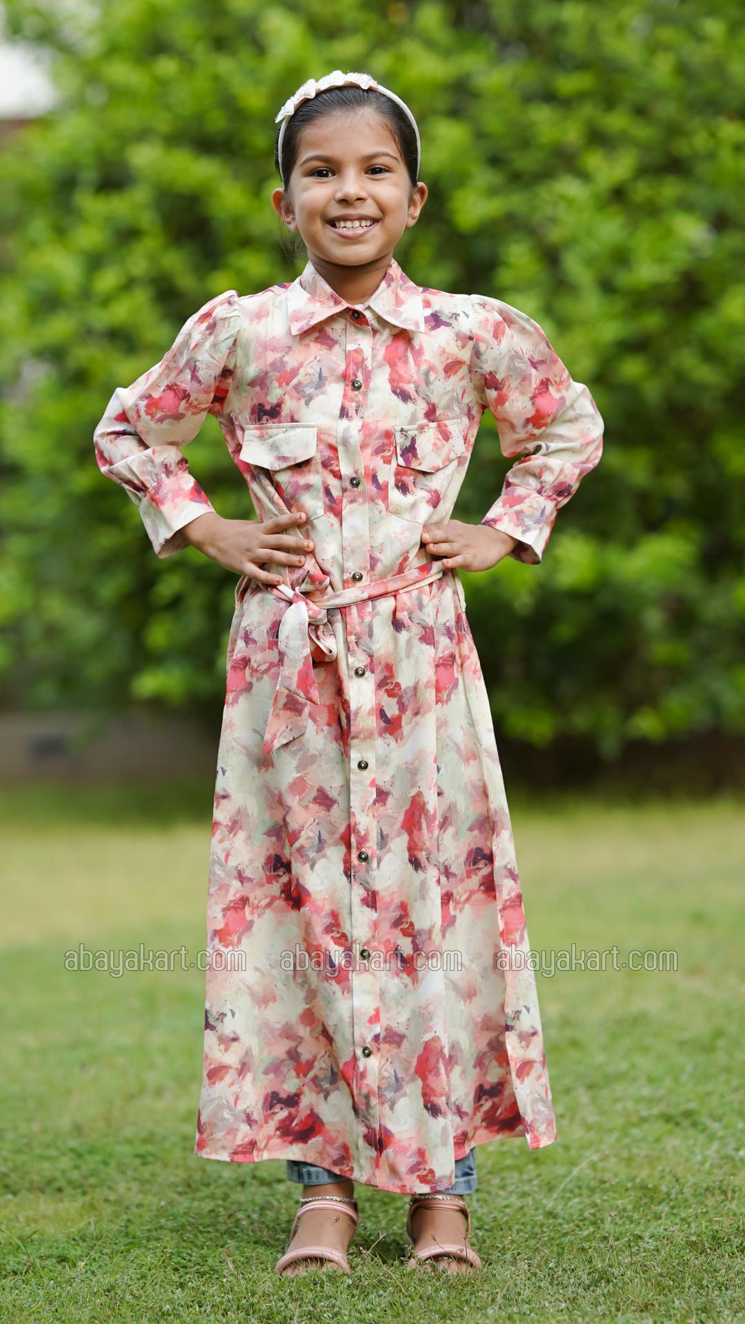 Wholesale Kids Front Open Modest Dress With Two Side Pockets