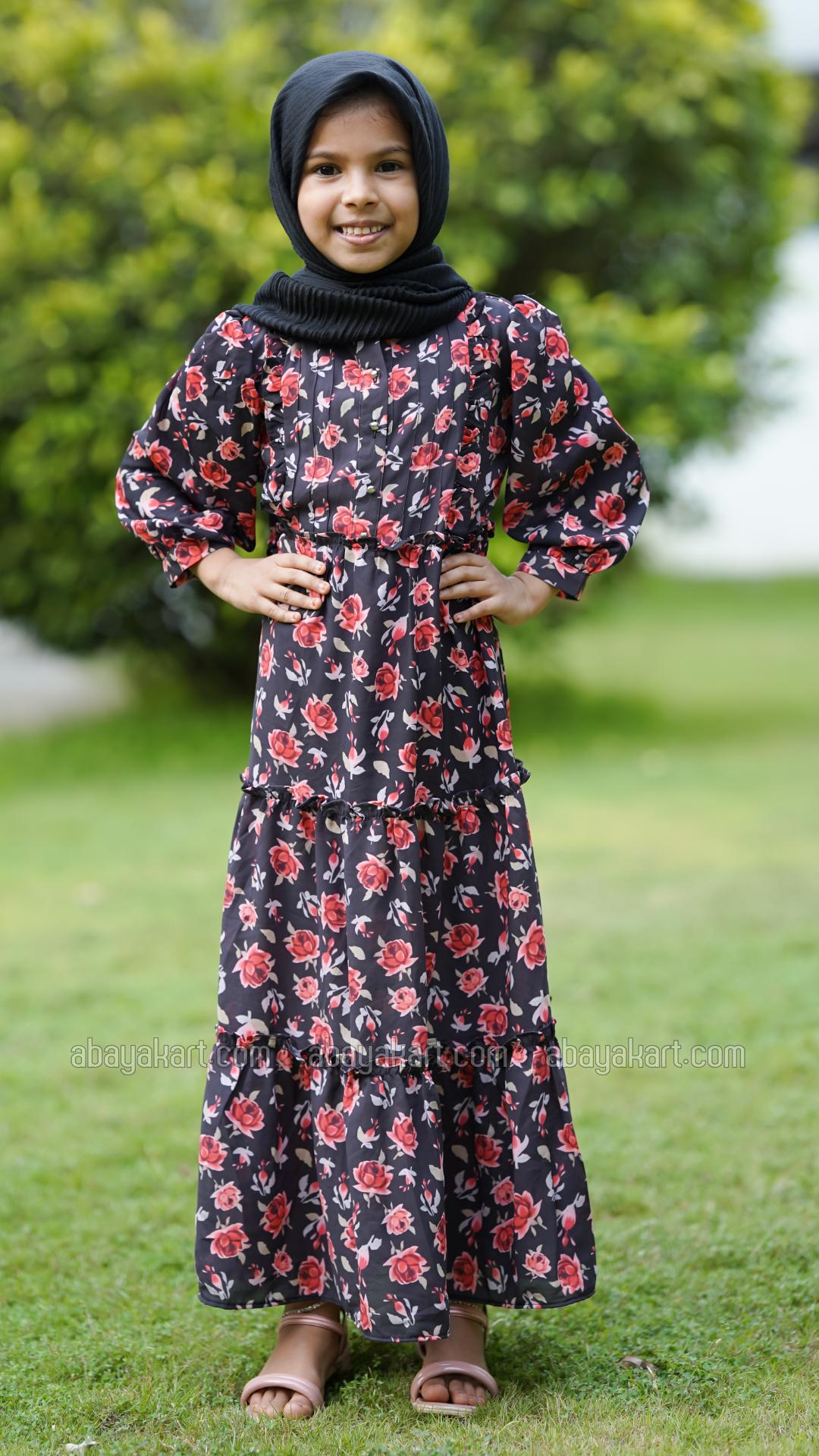 Wholesale Kids Calico Printed Modest Dress in Black