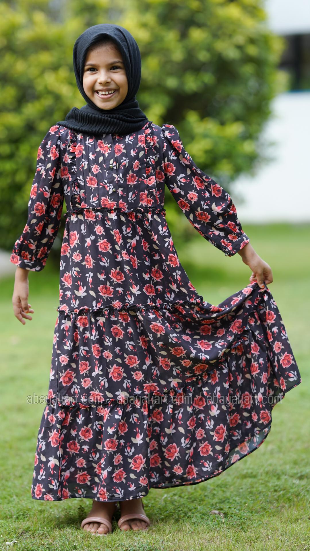 Wholesale Kids Calico Printed Modest Dress in Black