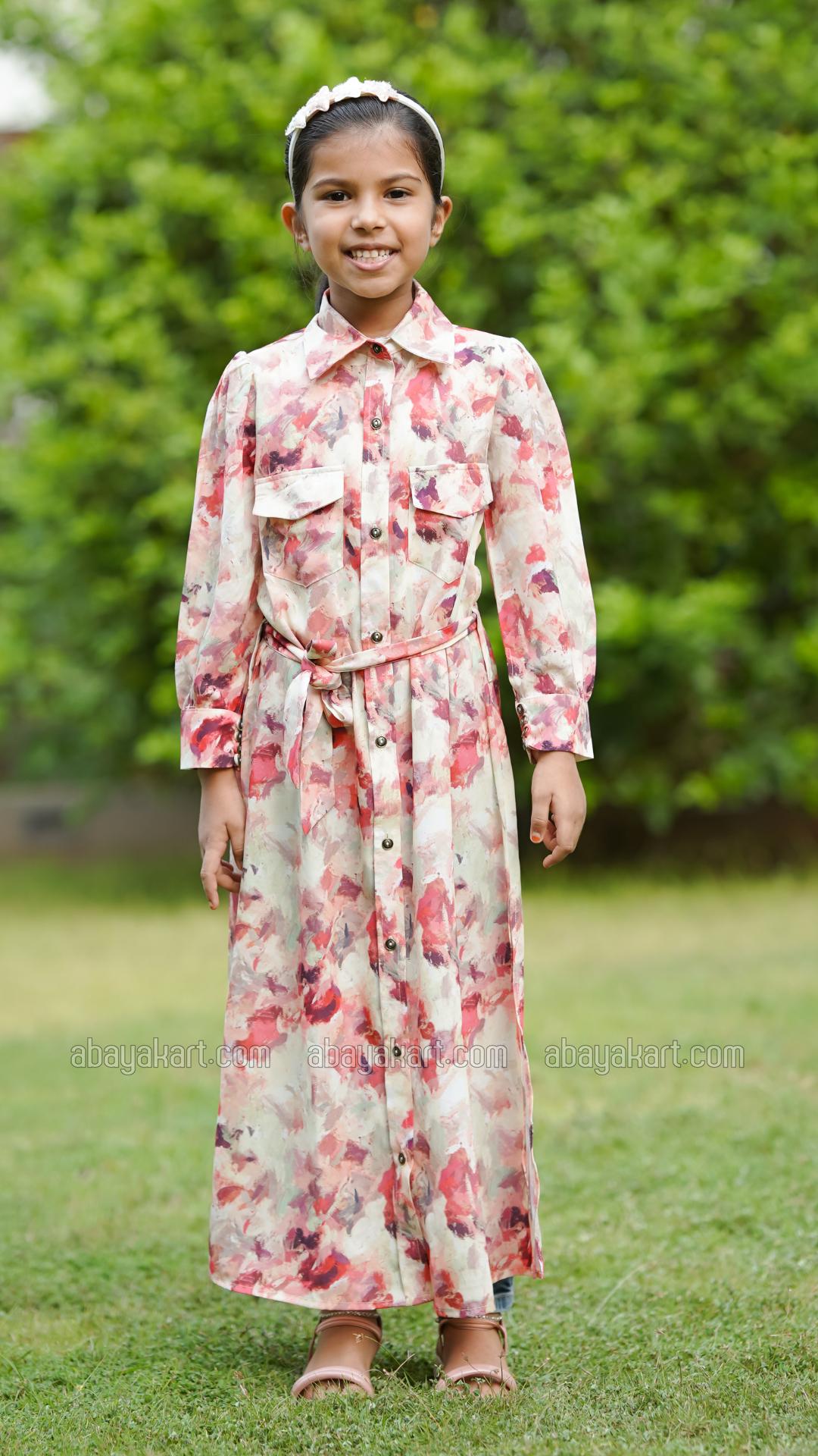 Wholesale Kids Front Open Modest Dress With Two Side Pockets