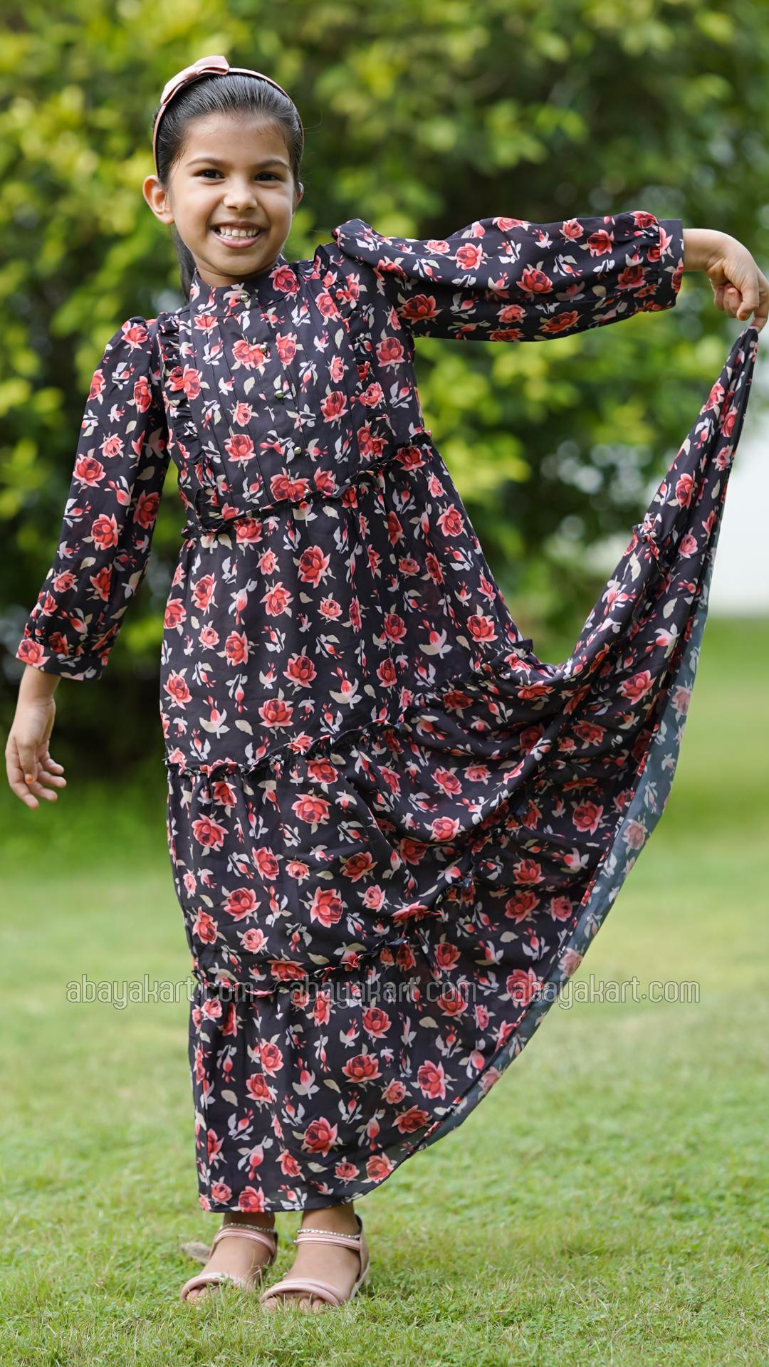 Wholesale Kids Calico Printed Modest Dress in Black
