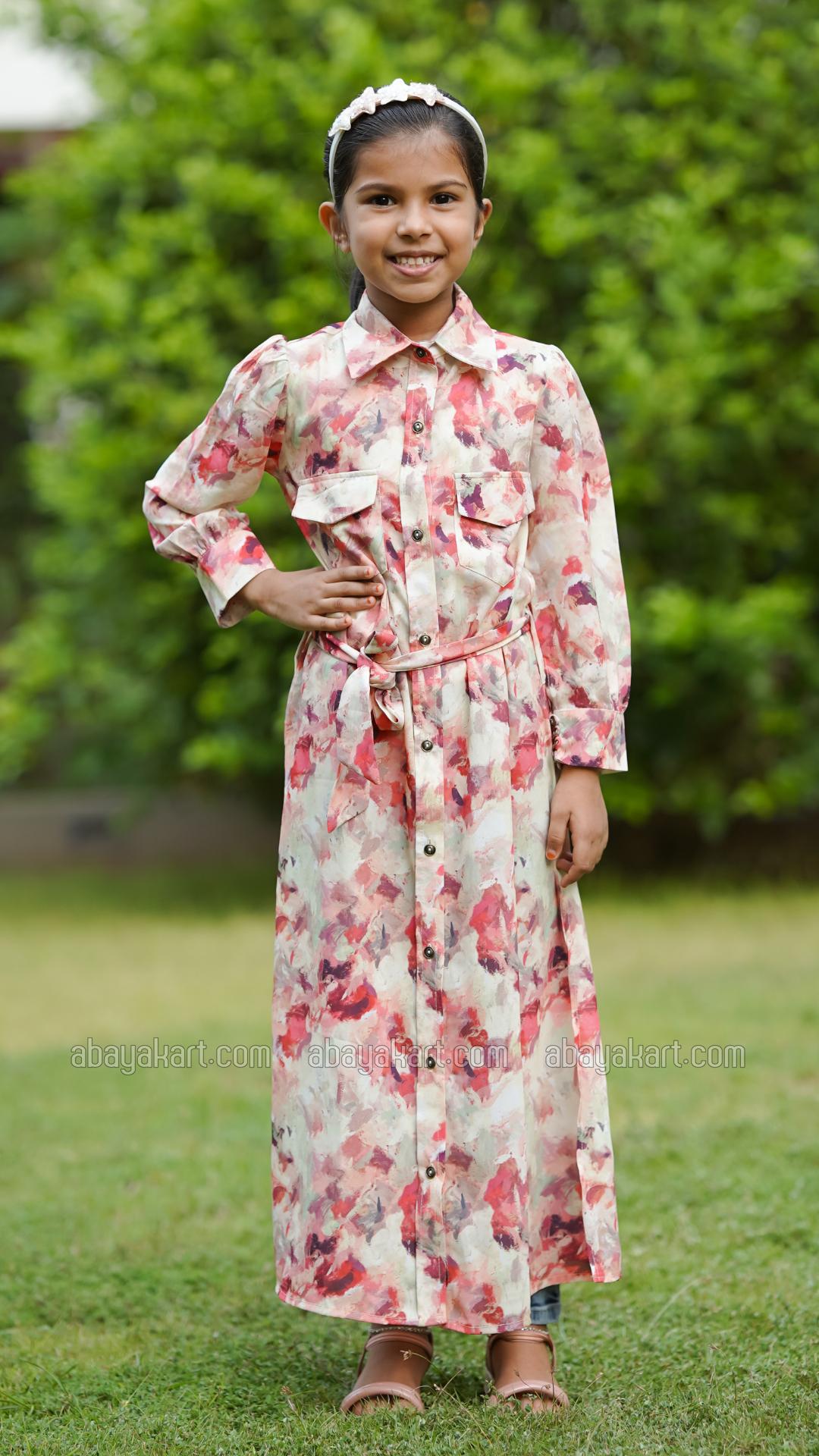 Wholesale Kids Front Open Modest Dress With Two Side Pockets