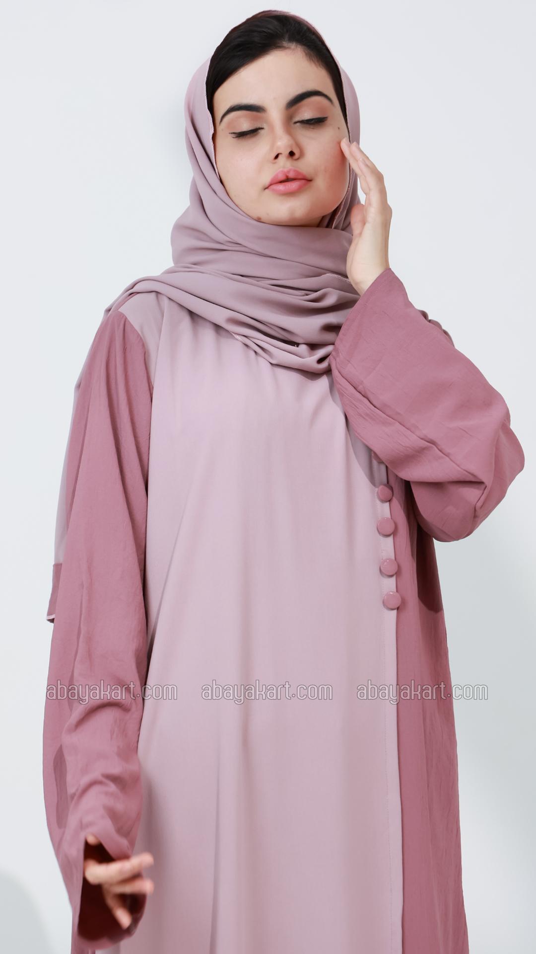 Wholesale Modest Abaya with Show Buttons on the Front in Blush Pink and Dull Magenta