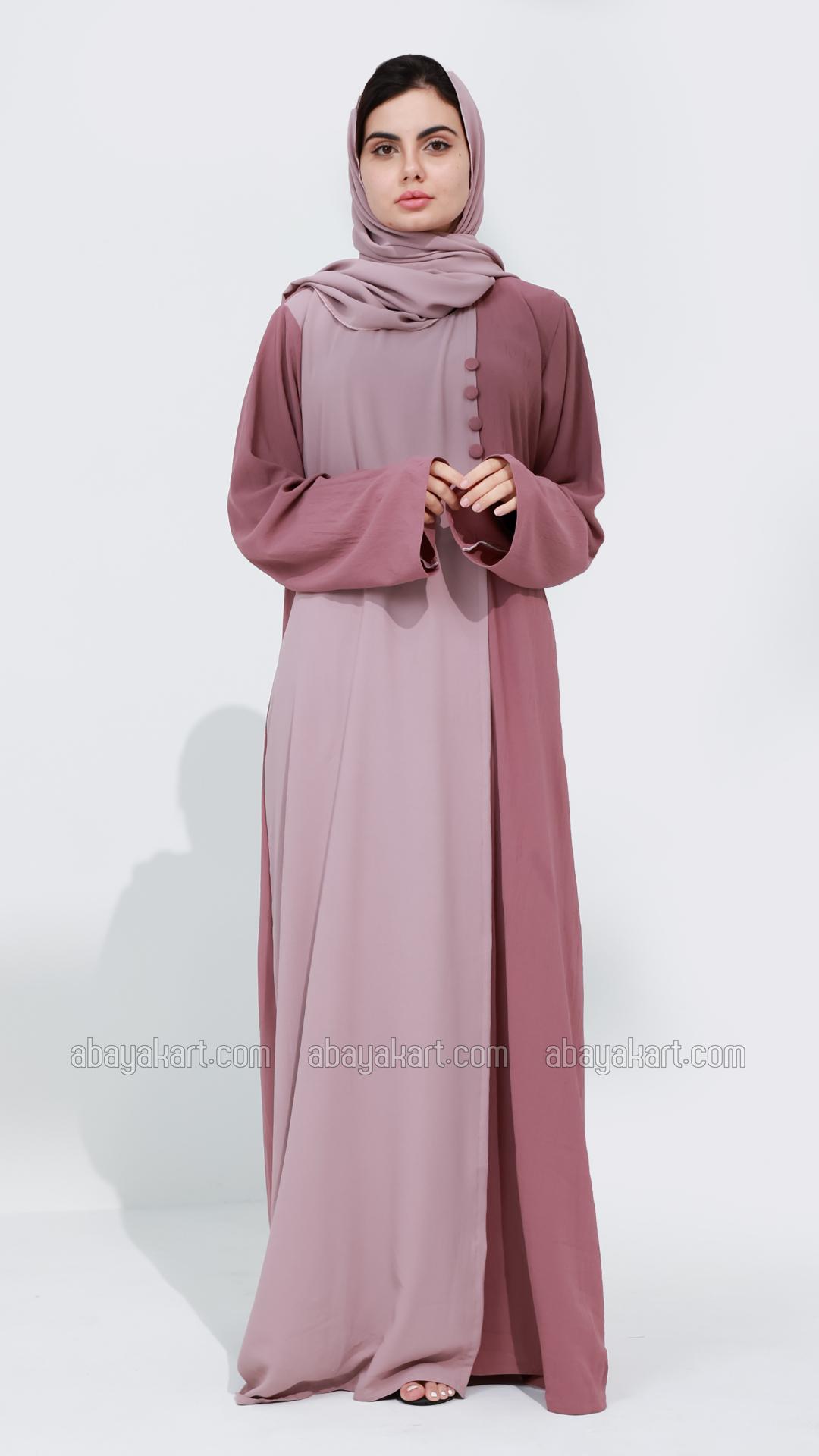 Wholesale Modest Abaya with Show Buttons on the Front in Blush Pink and Dull Magenta