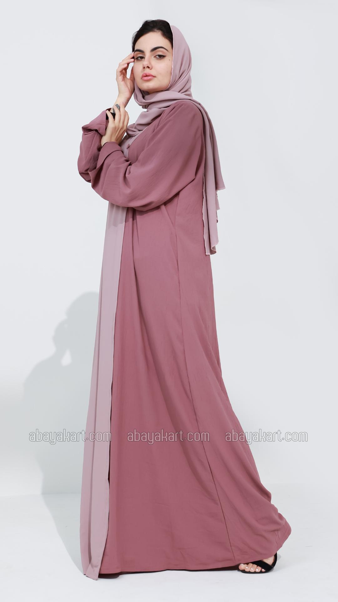 Wholesale Modest Abaya with Show Buttons on the Front in Blush Pink and Dull Magenta