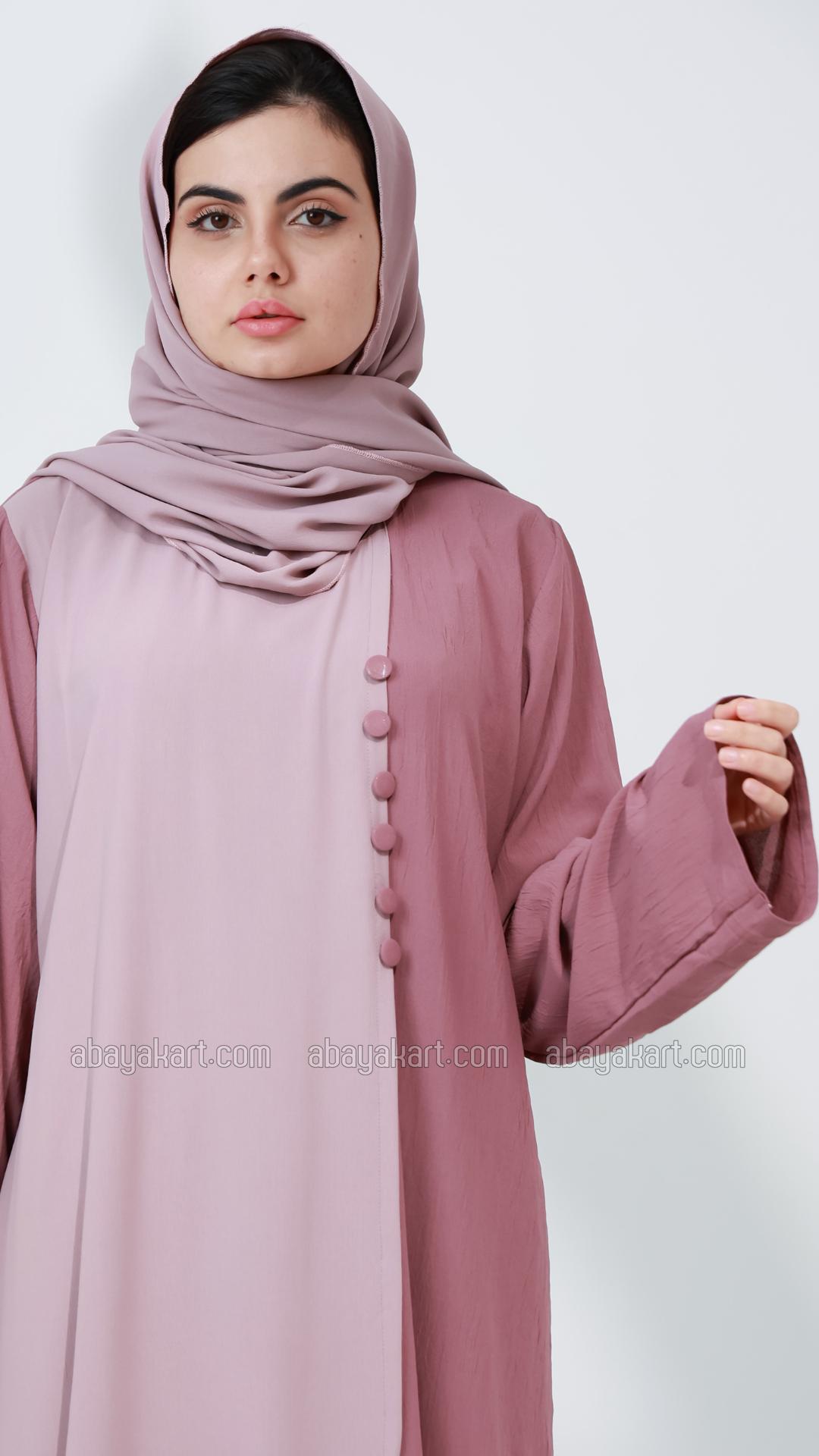Wholesale Modest Abaya with Show Buttons on the Front in Blush Pink and Dull Magenta