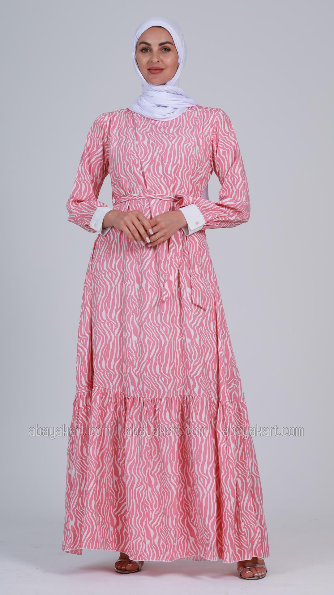 Wholesale Modest Dress with a Belt in Rose and White