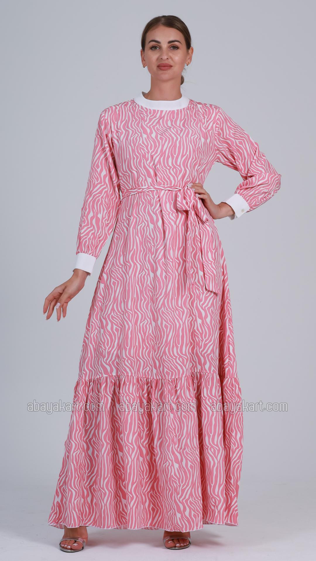 Wholesale Modest Dress with a Belt in Rose and White
