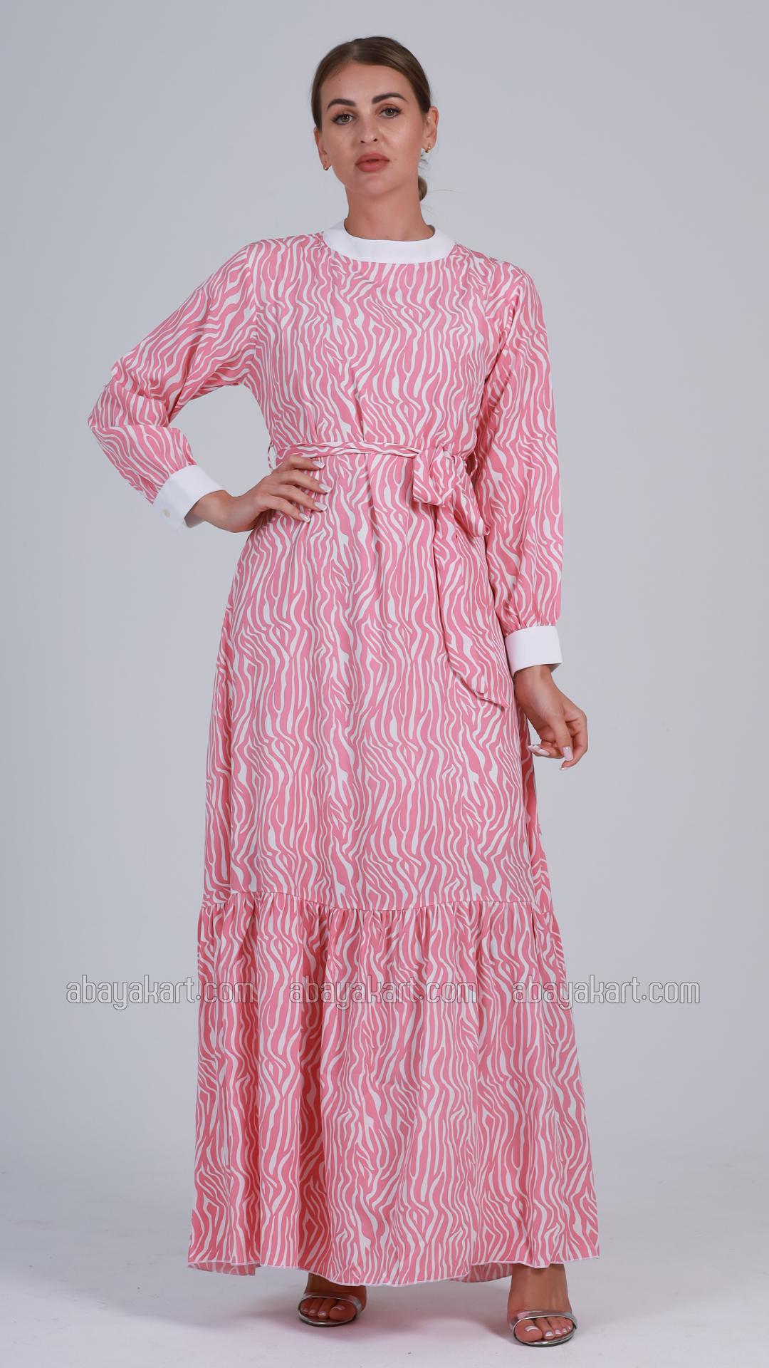 Wholesale Modest Dress with a Belt in Rose and White