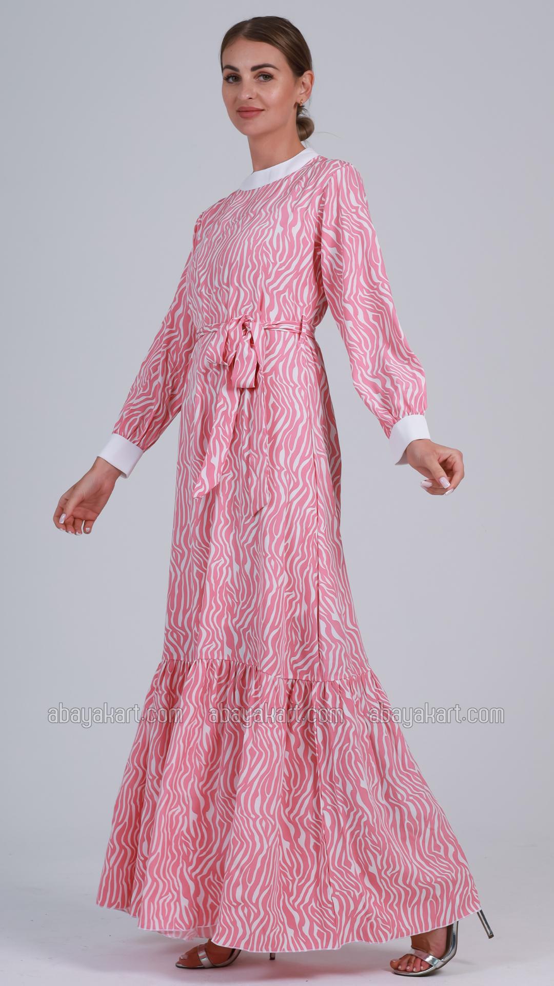 Wholesale Modest Dress with a Belt in Rose and White