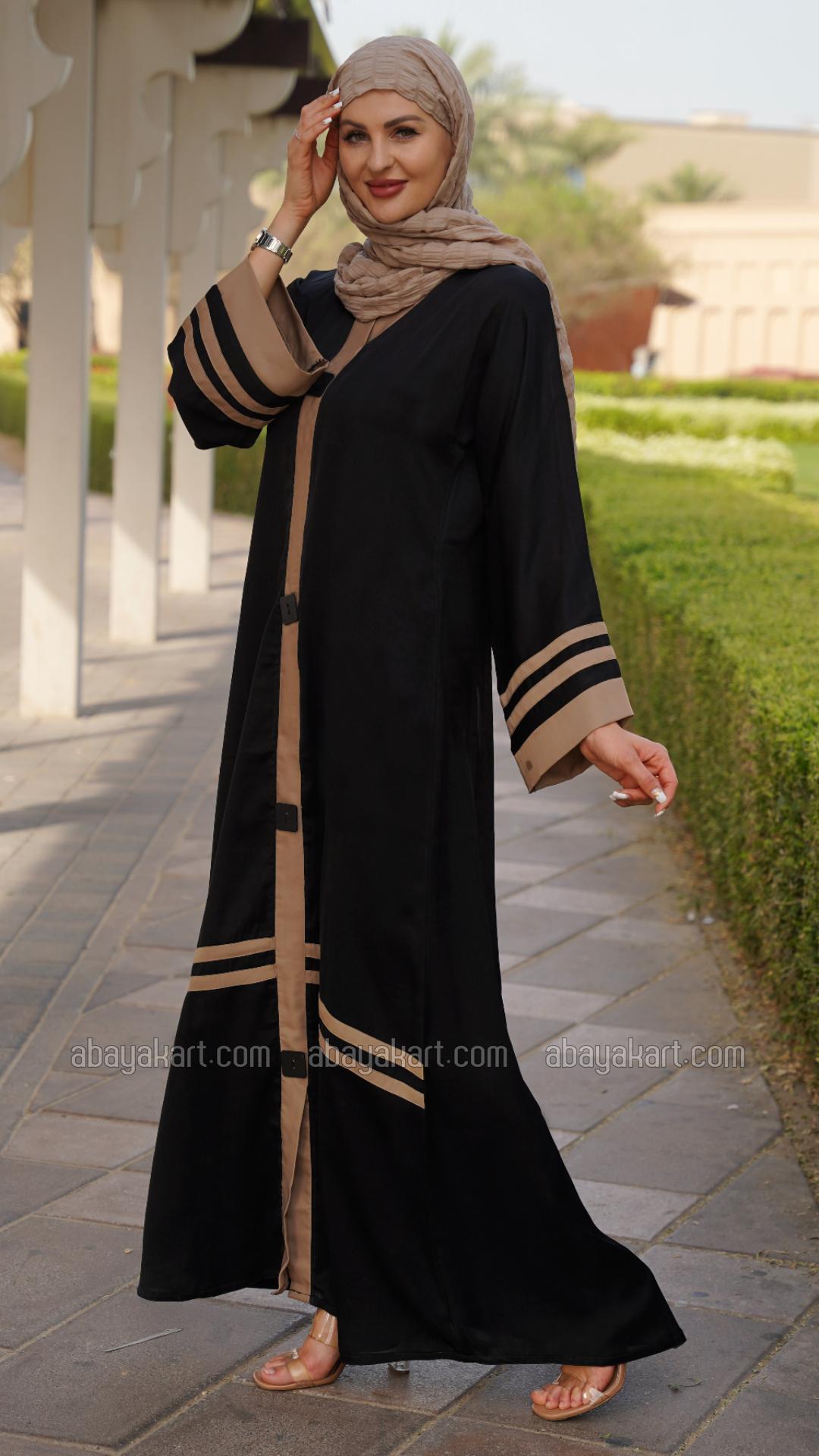 Wholesale Abaya with Beige Band Work on the Front and Sleeves in Black