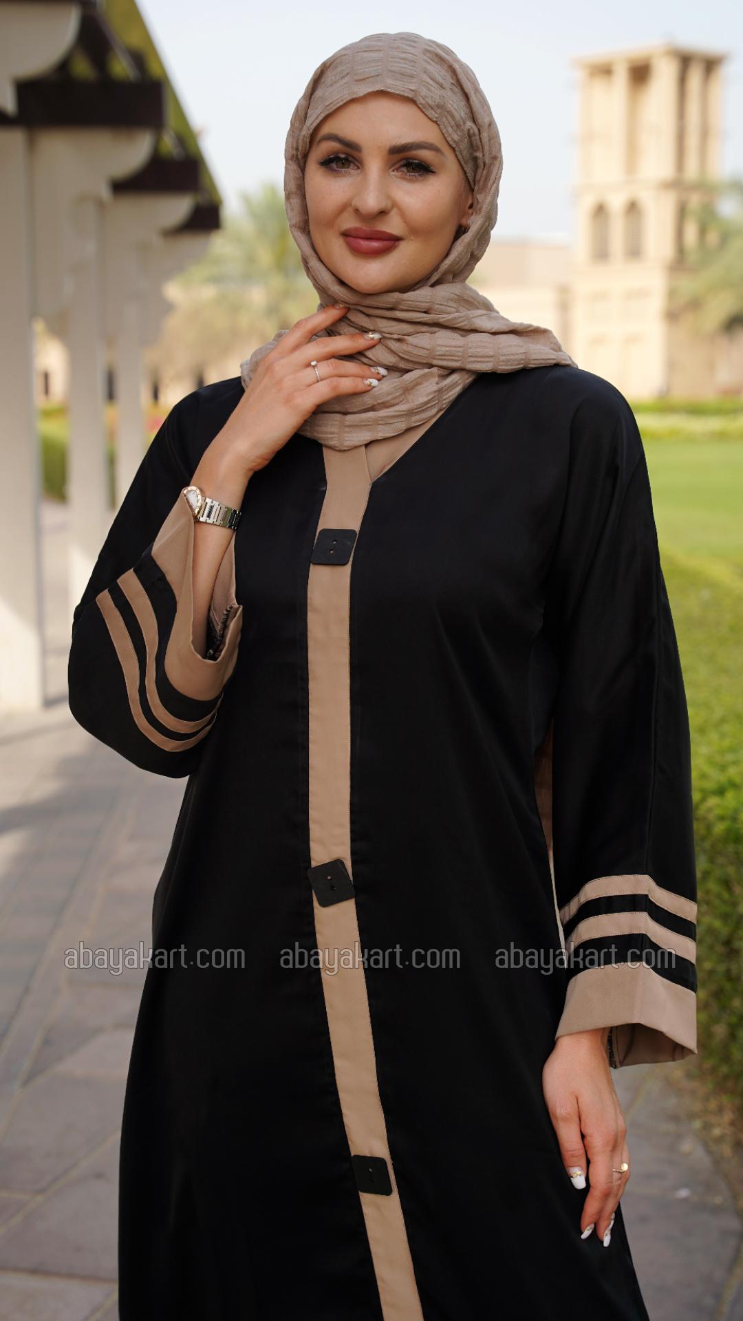 Wholesale Abaya with Beige Band Work on the Front and Sleeves in Black