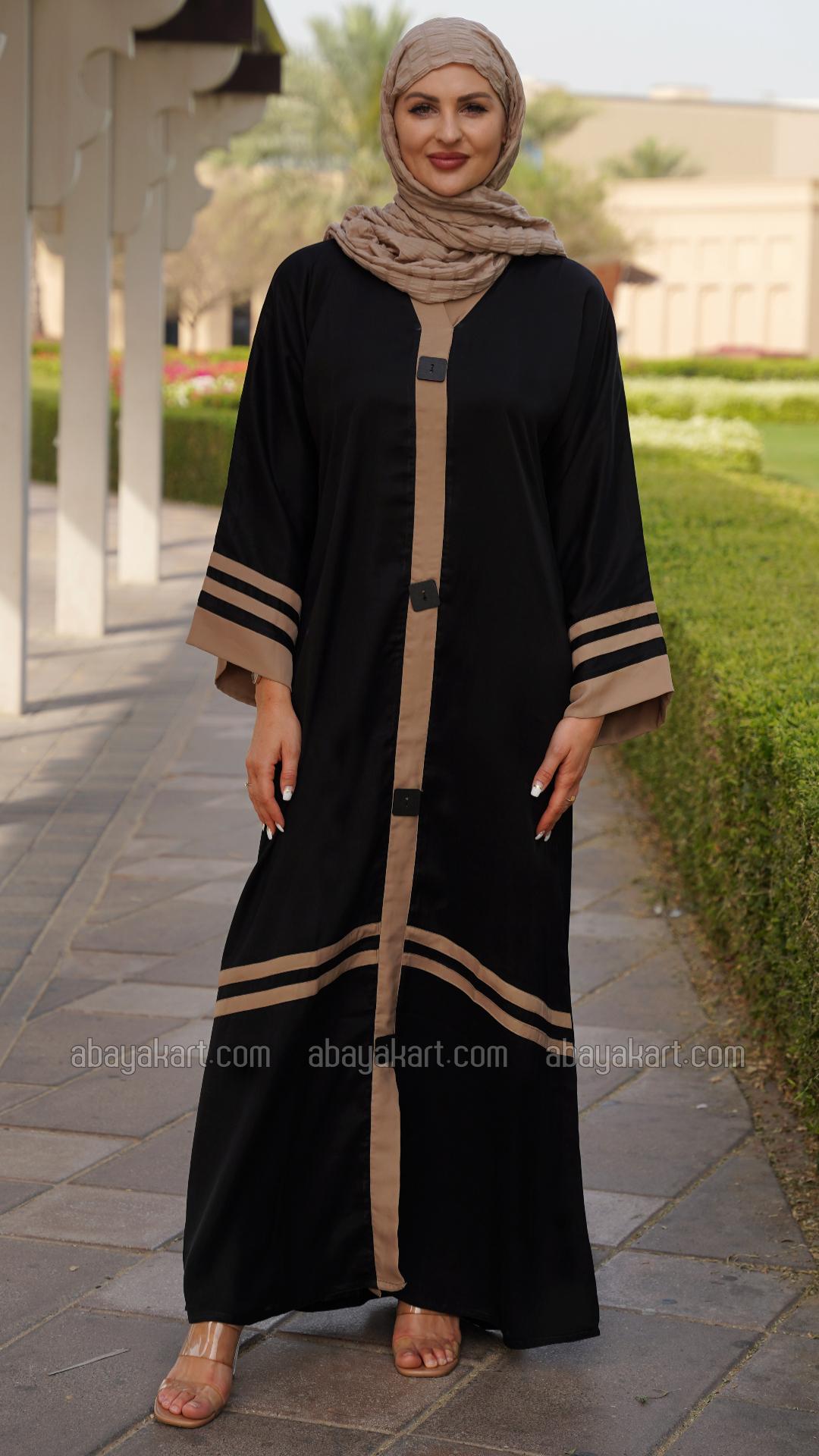 Wholesale Abaya with Beige Band Work on the Front and Sleeves in Black