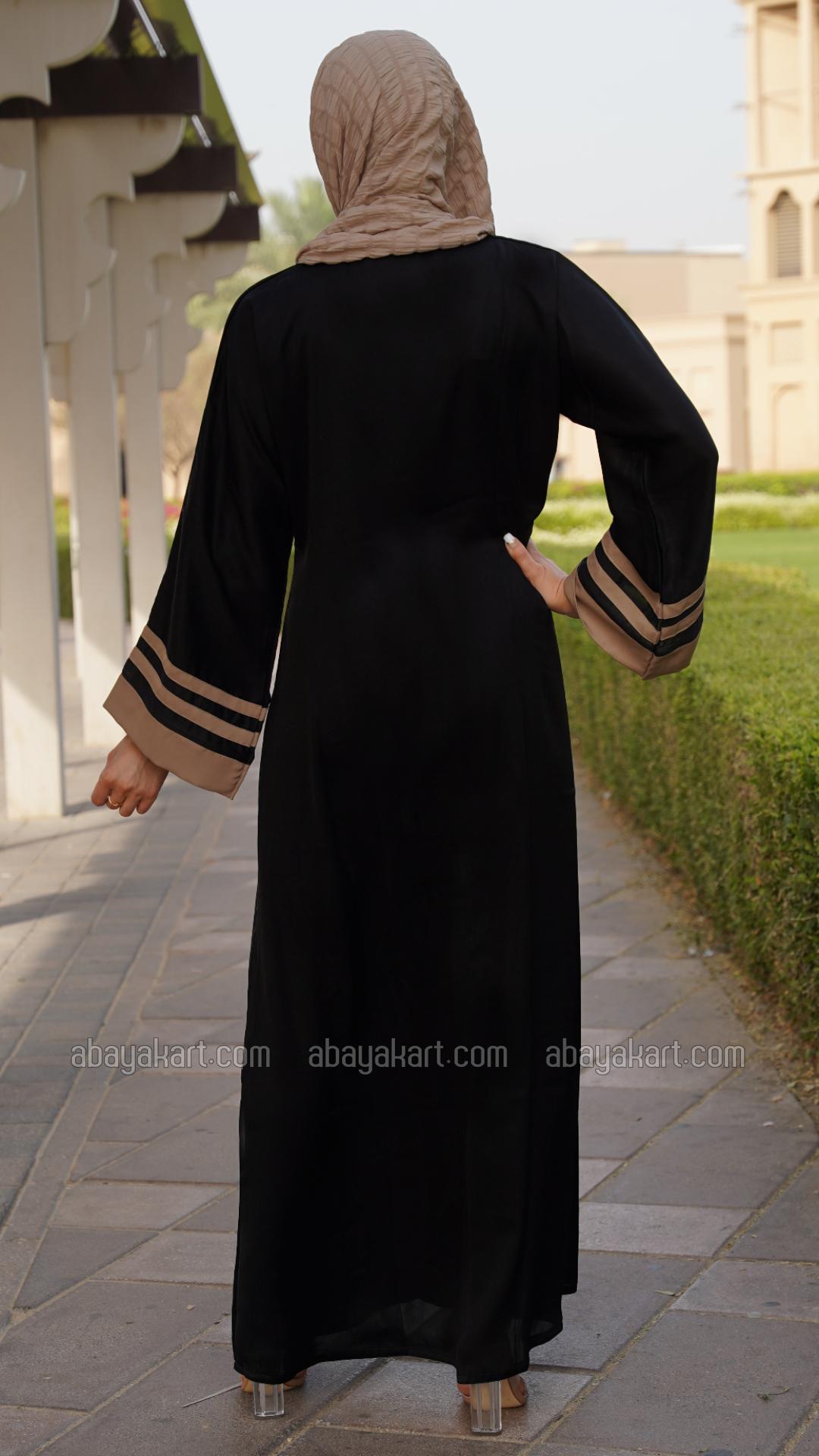 Wholesale Abaya with Beige Band Work on the Front and Sleeves in Black