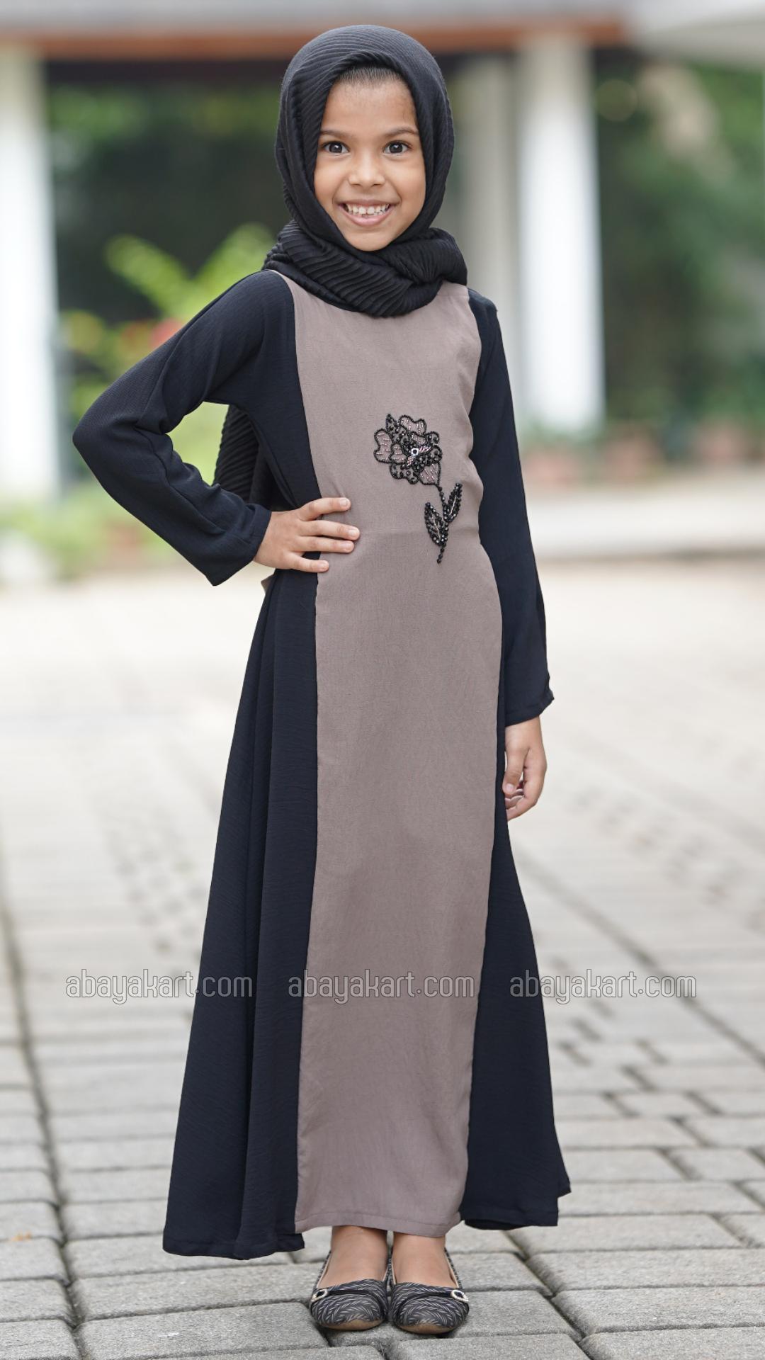 Wholesale CEY Kids Modest Dress With Crystal Handwork And a Tie Up Band In Brown And Black