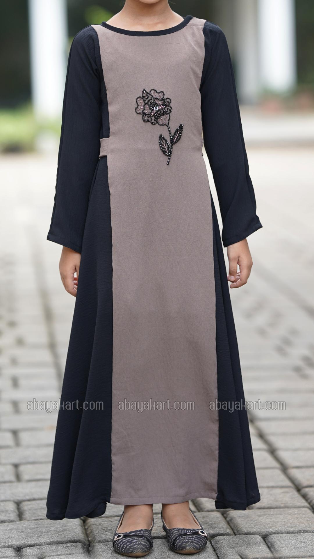 Wholesale CEY Kids Modest Dress With Crystal Handwork And a Tie Up Band In Brown And Black