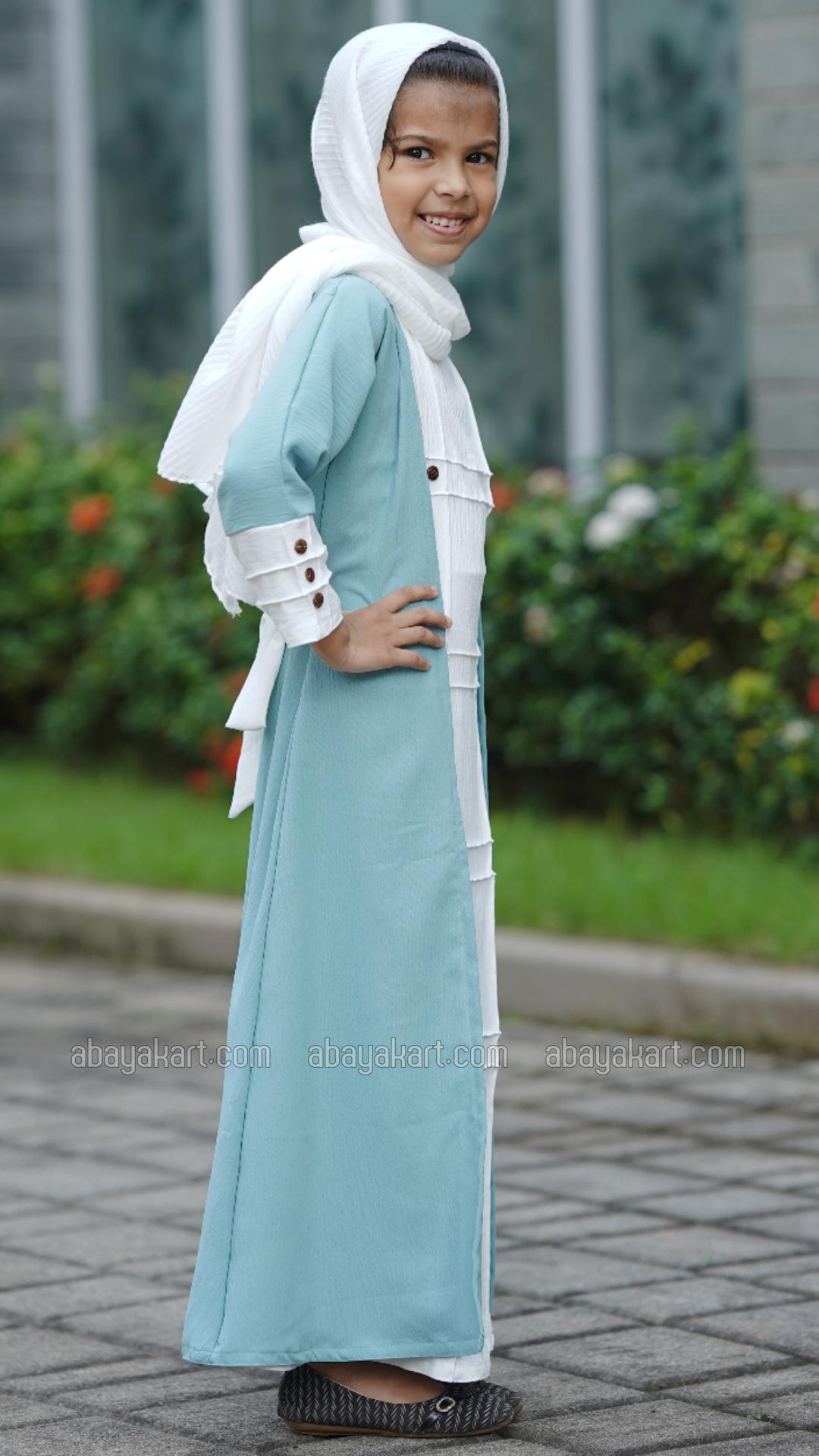 Wholesale CEY Kids Modest Dress with a Shrug and Show Buttons in Turquoise and OffWhite
