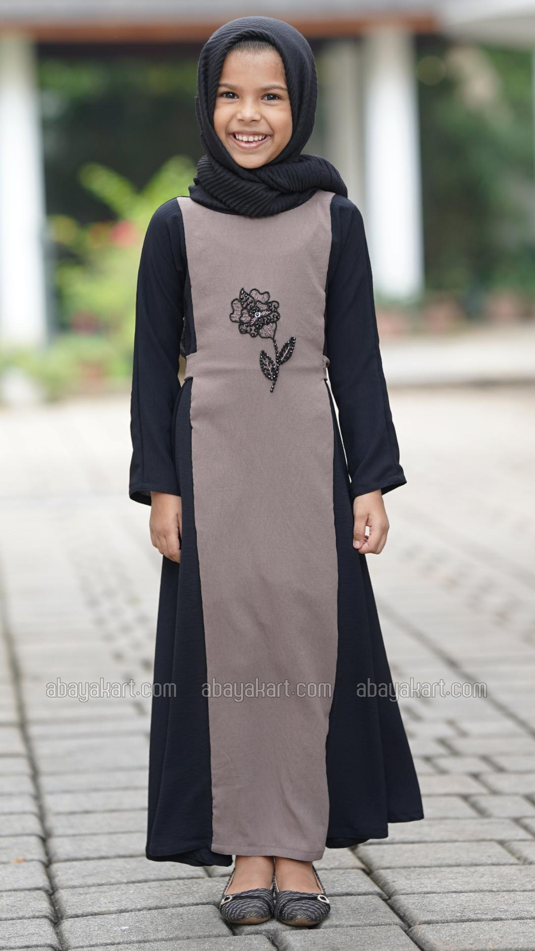 Wholesale CEY Kids Modest Dress With Crystal Handwork And a Tie Up Band In Brown And Black