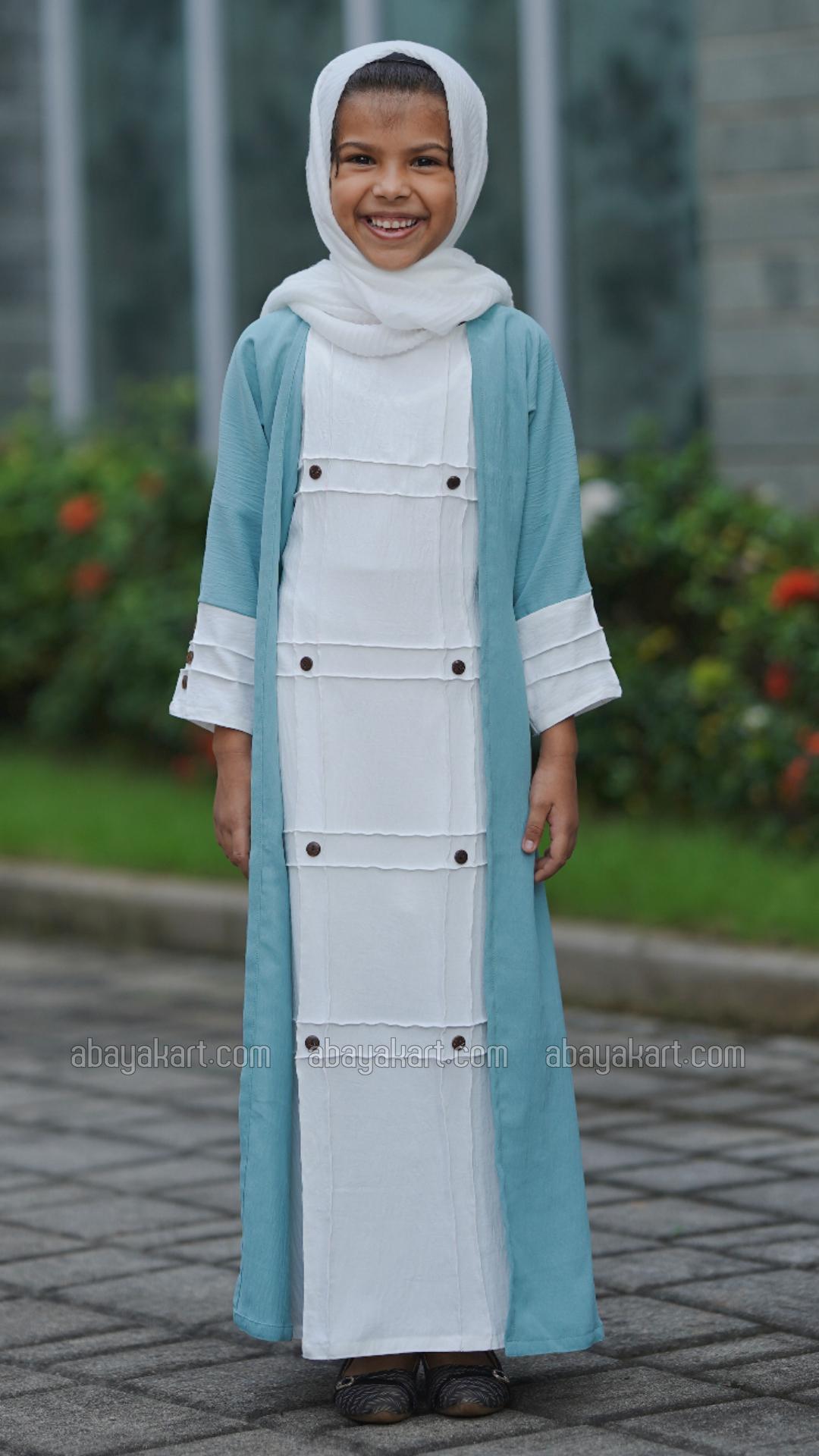 Wholesale CEY Kids Modest Dress with a Shrug and Show Buttons in Turquoise and OffWhite