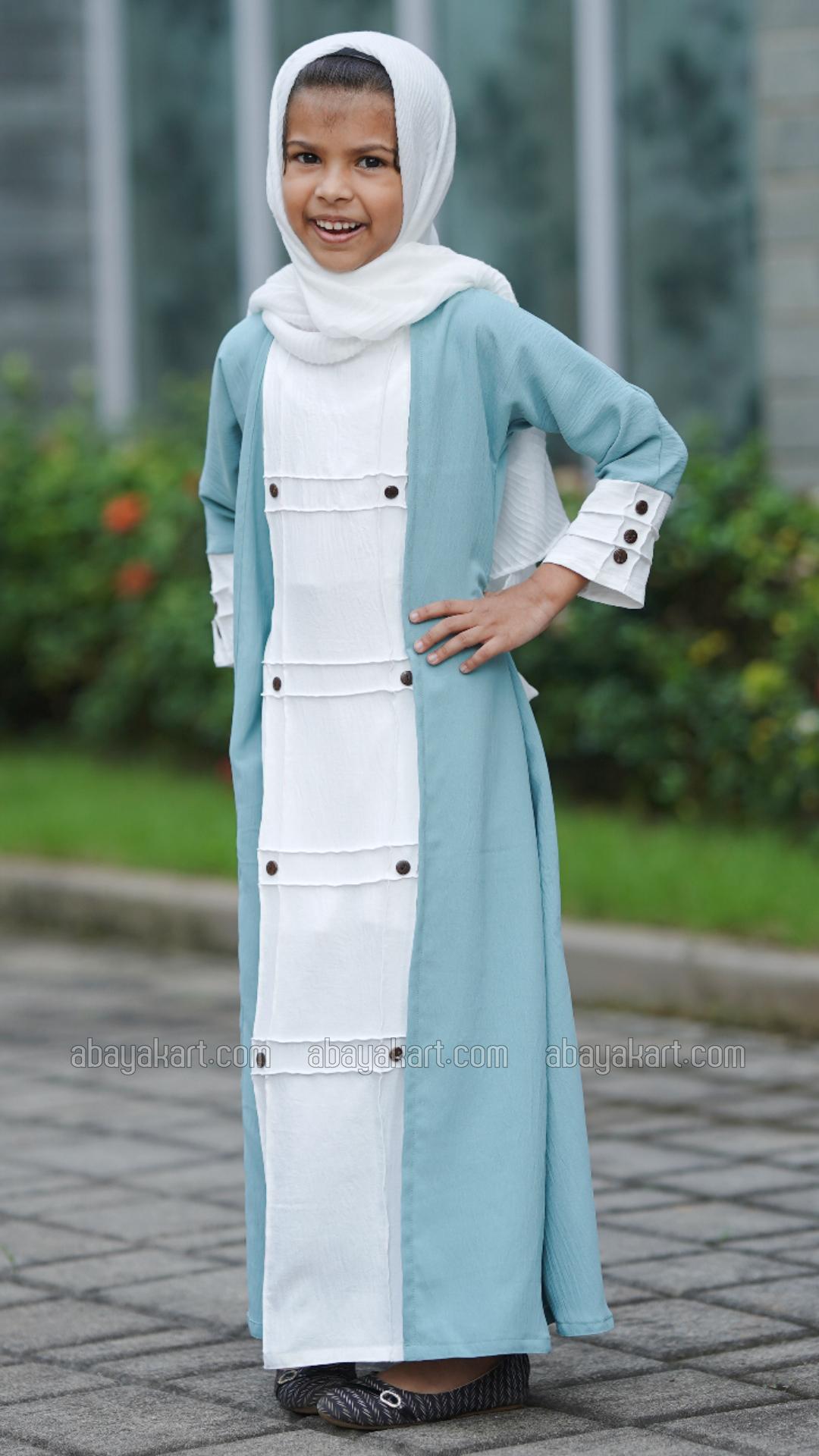 Wholesale CEY Kids Modest Dress with a Shrug and Show Buttons in Turquoise and OffWhite