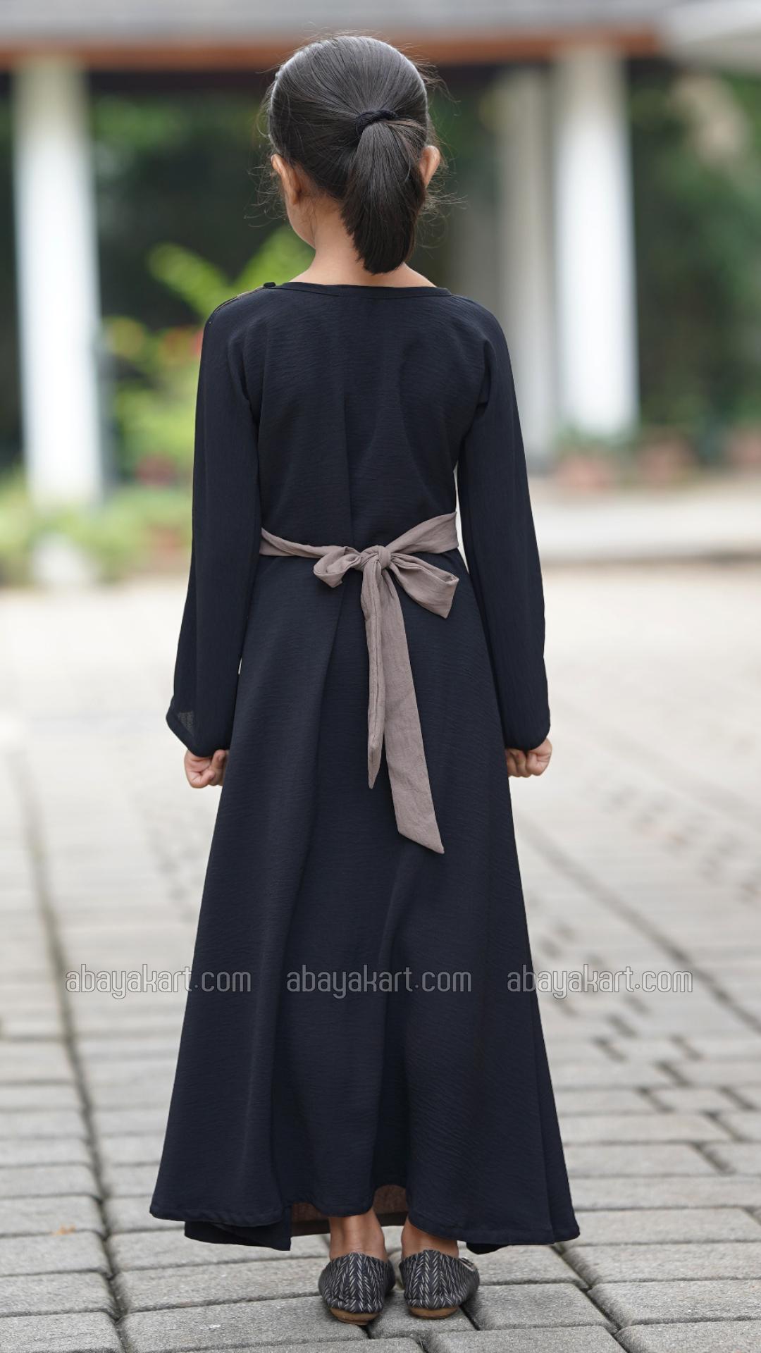 Wholesale CEY Kids Modest Dress With Crystal Handwork And a Tie Up Band In Brown And Black