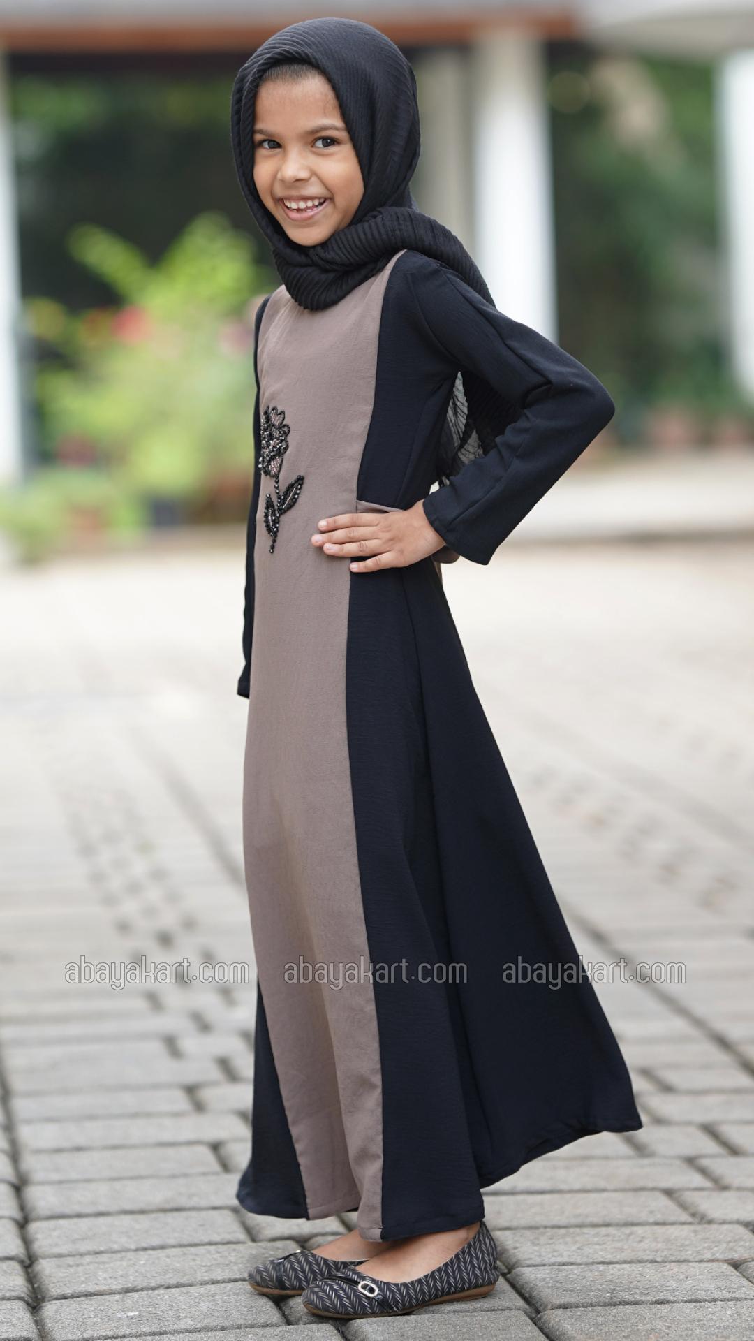Wholesale CEY Kids Modest Dress With Crystal Handwork And a Tie Up Band In Brown And Black