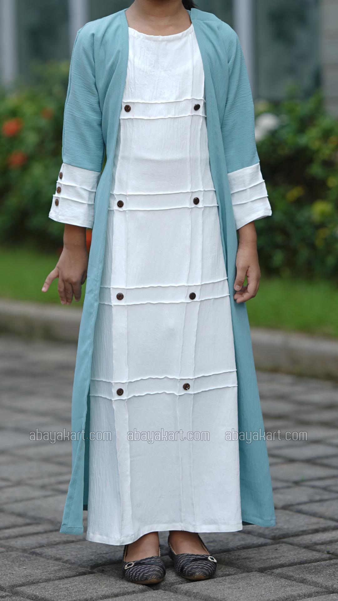 Wholesale CEY Kids Modest Dress with a Shrug and Show Buttons in Turquoise and OffWhite