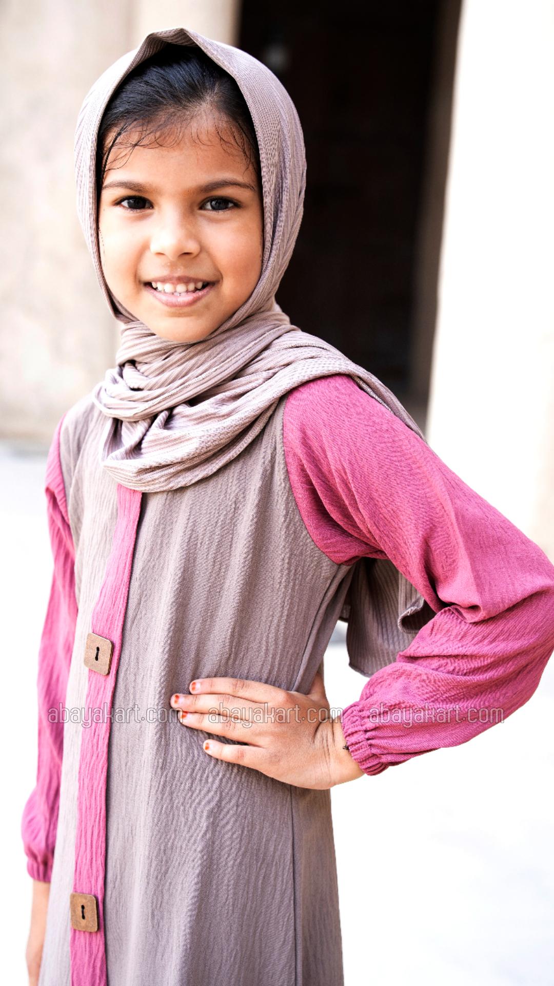 Wholesale Kids Abaya with Show Buttons on the Front in Brown and Puce Pink