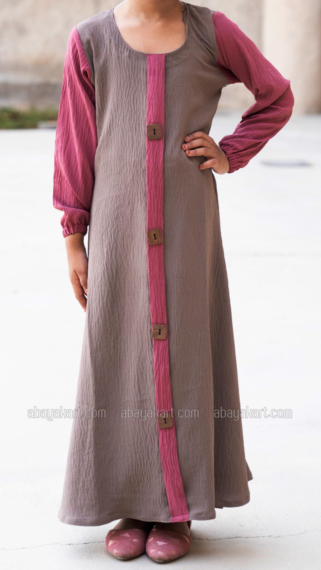 Wholesale Kids Abaya with Show Buttons on the Front in Brown and Puce Pink