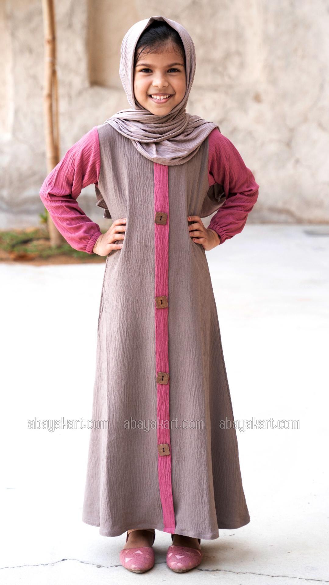 Wholesale Kids Abaya with Show Buttons on the Front in Brown and Puce Pink