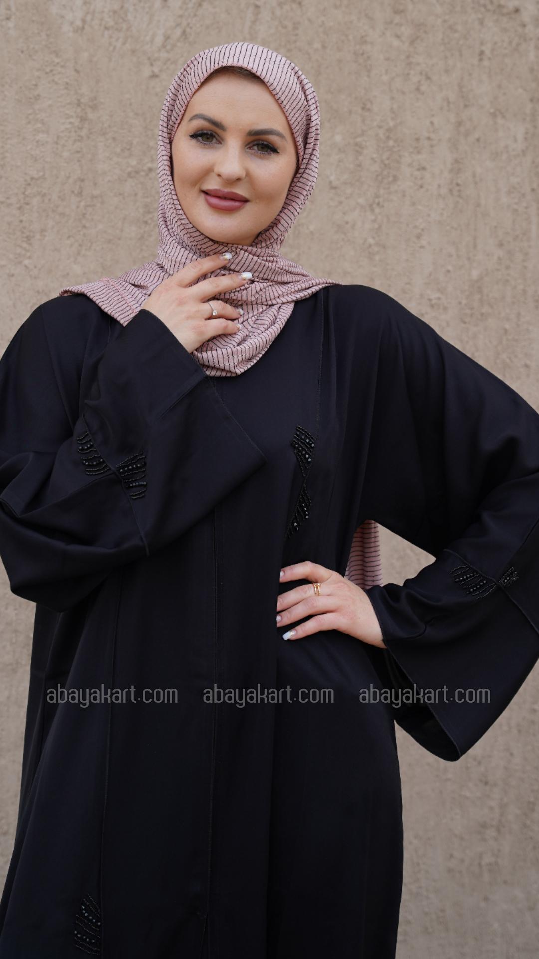 Wholesale Black Nida Matte FrontOpen Abaya with Crystal Work on the Front Back and Sleeves