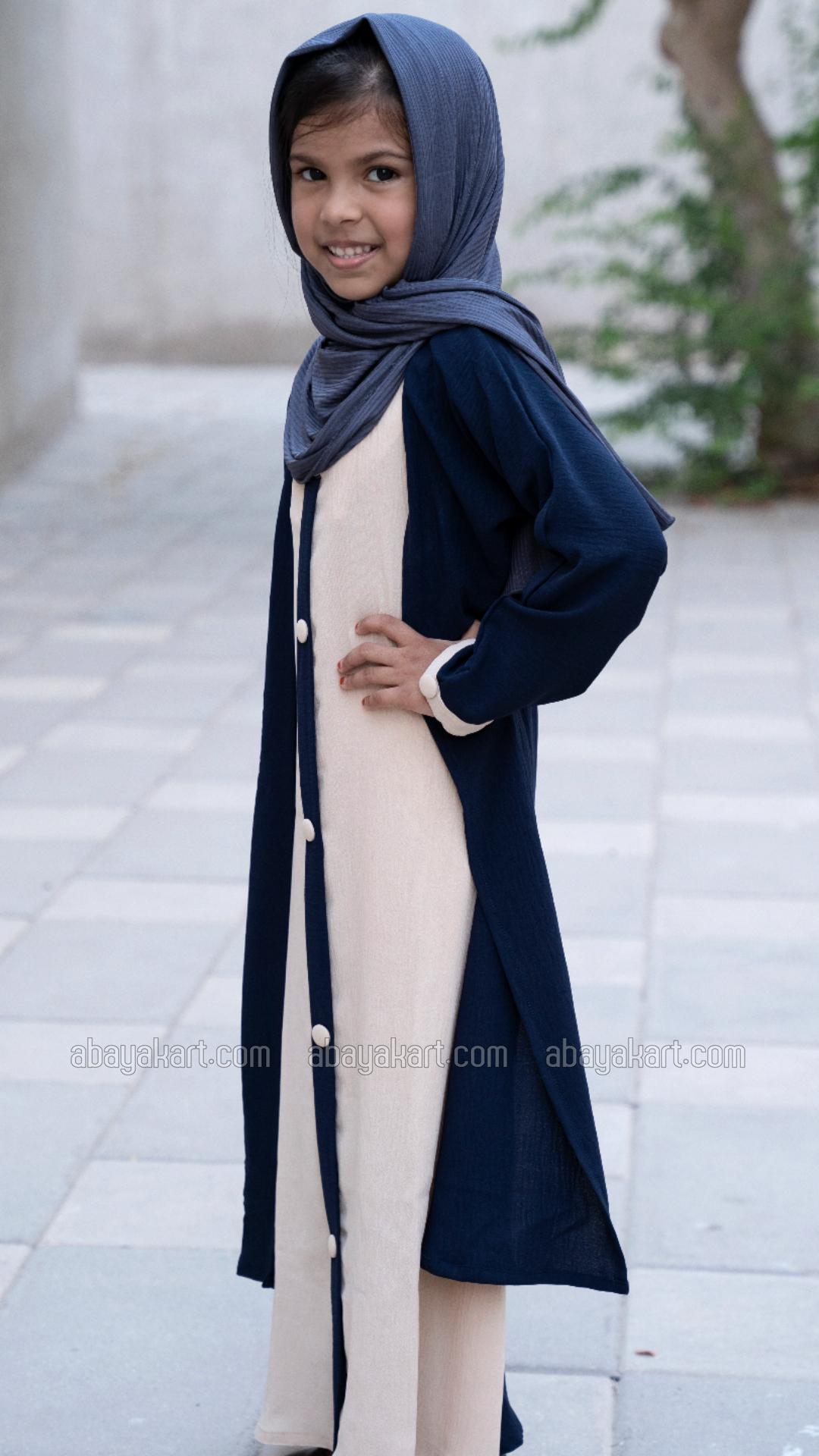 Wholesale Shrug Abaya for Kids with Show Buttons on the Front in Navy Blue and Cream